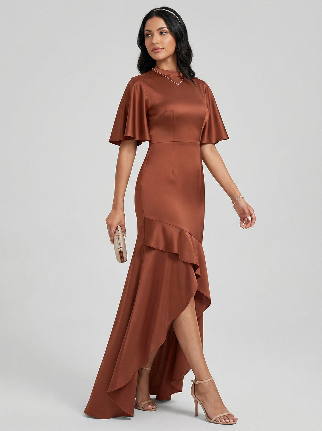 Elegant Rust Matte Satin mermaid Scoop Neck Back Zip Asymmetrical Bridesmaid Dress