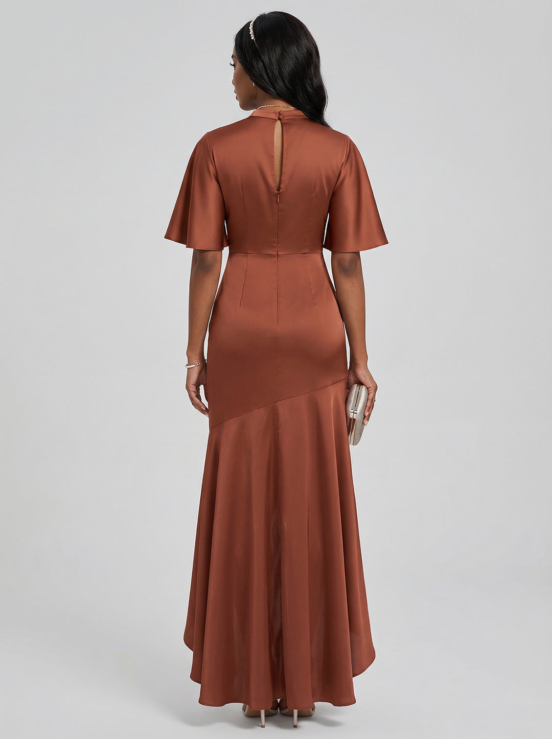 Elegant Rust Matte Satin mermaid Scoop Neck Back Zip Asymmetrical Bridesmaid Dress