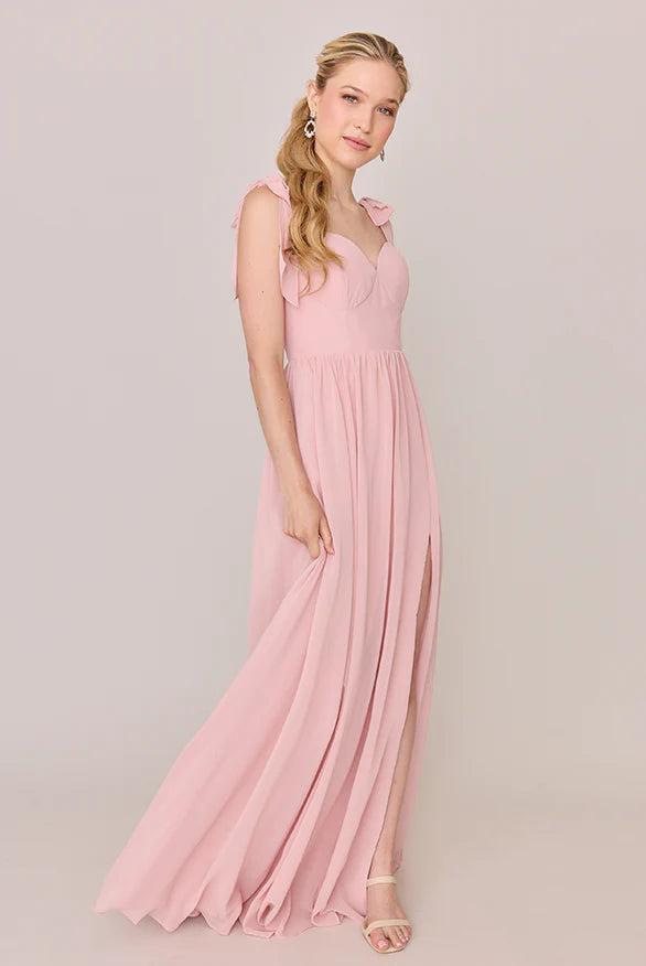 Elegant Flowy Sweetheart Neckline Ruffle Strap Open Back Side Slit Floor-length Pink Bridesmaid Dress