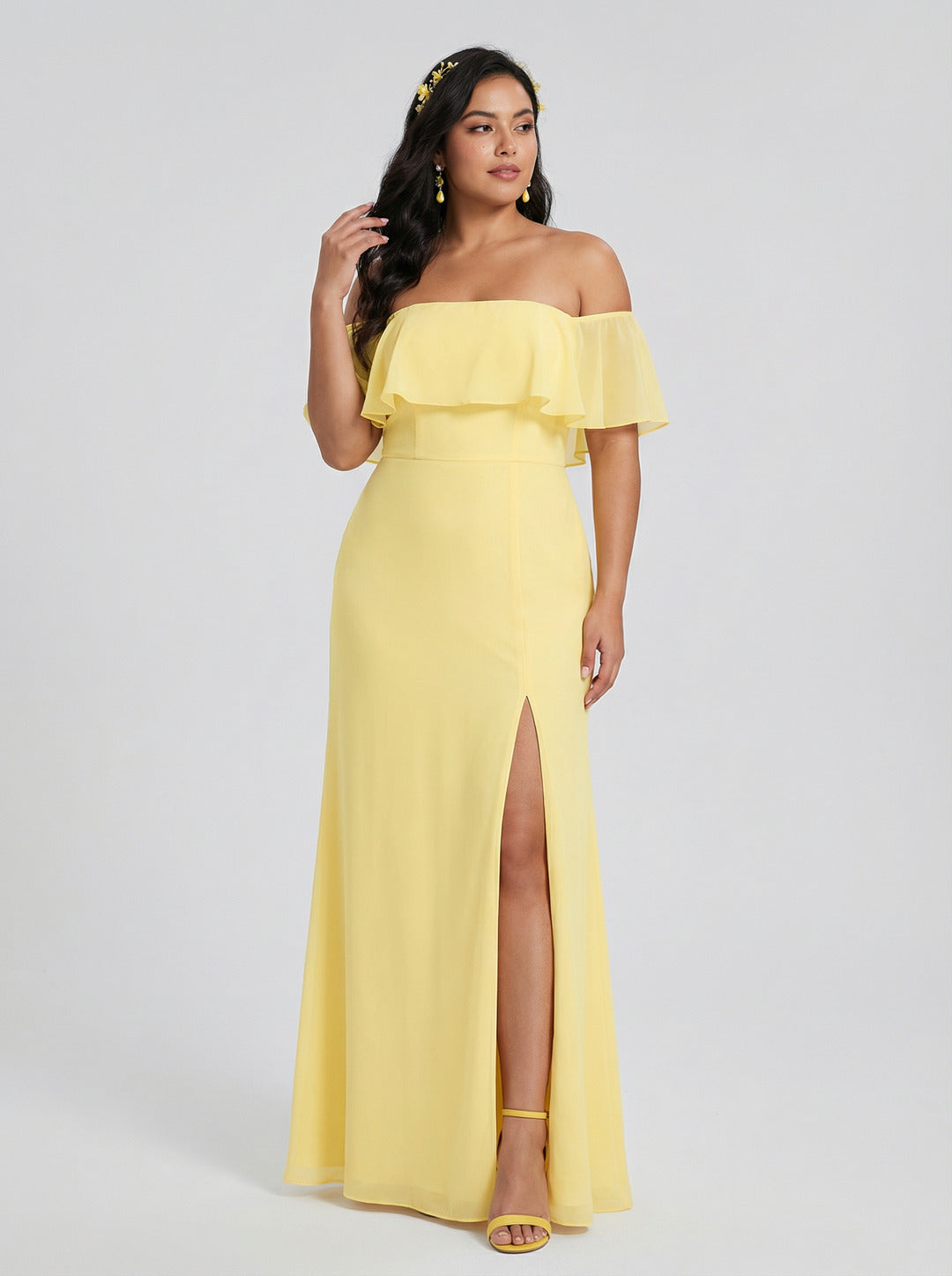Elegant Daffodil Chiffon A-Line Off-the-Shoulder Back Zip with Ruffle Accents Ankle-Length Plus Size Bridesmaid Dress