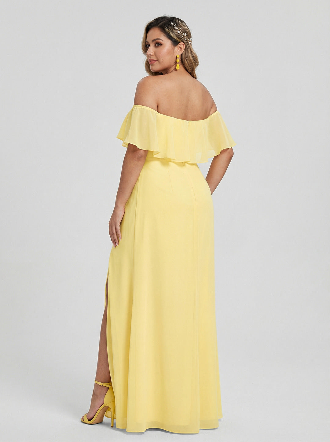 Elegant Daffodil Chiffon A-Line Off-the-Shoulder Back Zip with Ruffle Accents Ankle-Length Plus Size Bridesmaid Dress
