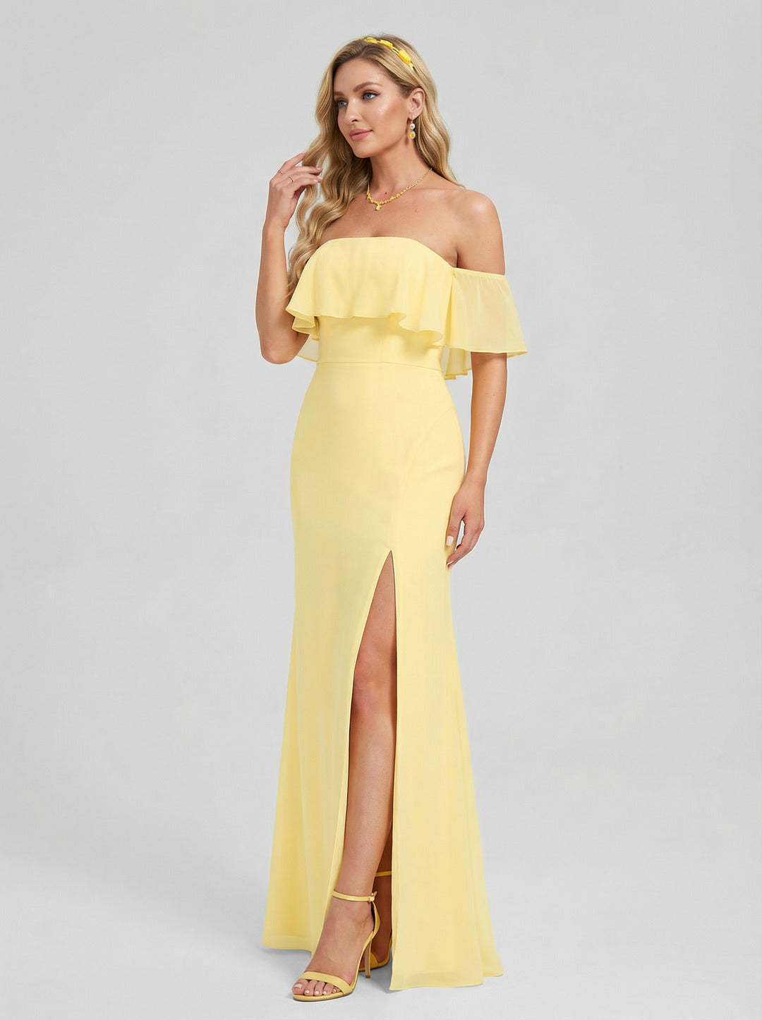 Elegant Daffodil Chiffon A-Line Off-the-Shoulder Back Zip with Ruffle Accents Ankle-Length Plus Size Bridesmaid Dress