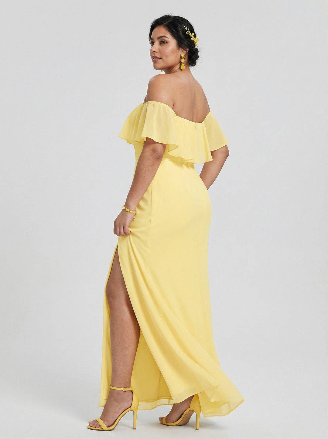 Elegant Daffodil Chiffon A-Line Off-the-Shoulder Back Zip with Ruffle Accents Ankle-Length Plus Size Bridesmaid Dress