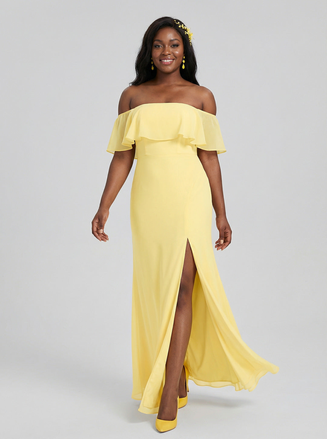 Elegant Daffodil Chiffon A-Line Off-the-Shoulder Back Zip with Ruffle Accents Ankle-Length Plus Size Bridesmaid Dress