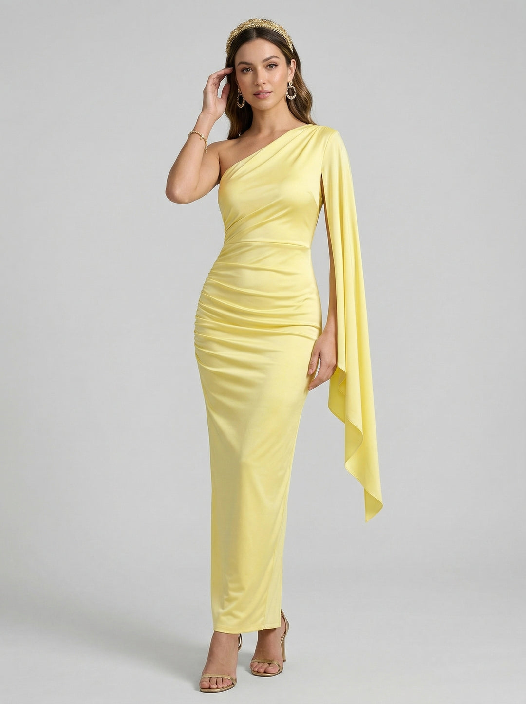 Elegant Lemon Stretch Crepe column One Shoulder Side Zip Ankle-Length Bridesmaid Dress