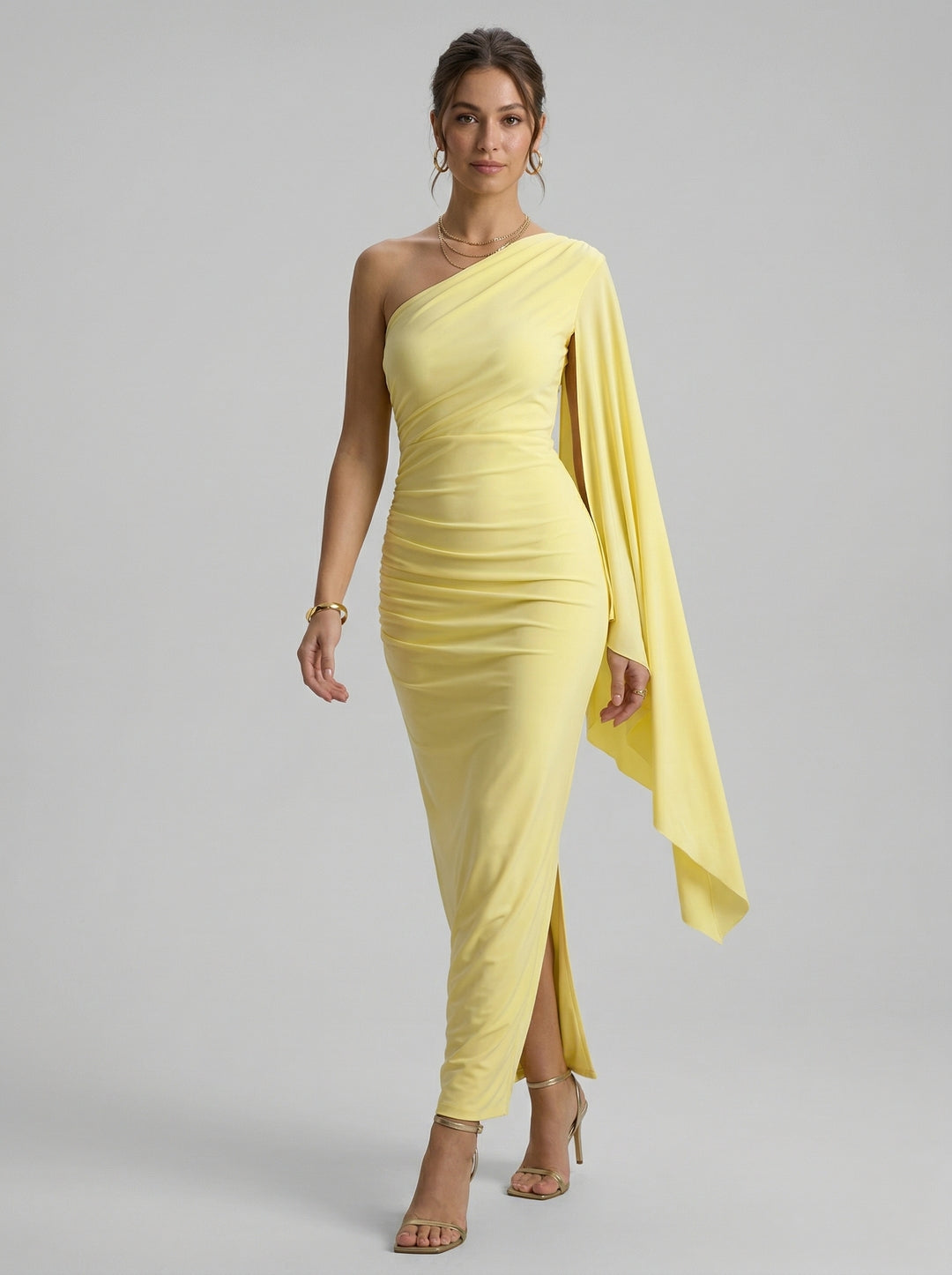 Elegant Lemon Stretch Crepe column One Shoulder Side Zip Ankle-Length Bridesmaid Dress