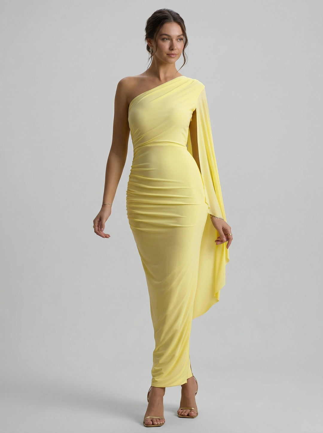 Elegant Lemon Stretch Crepe column One Shoulder Side Zip Ankle-Length Bridesmaid Dress