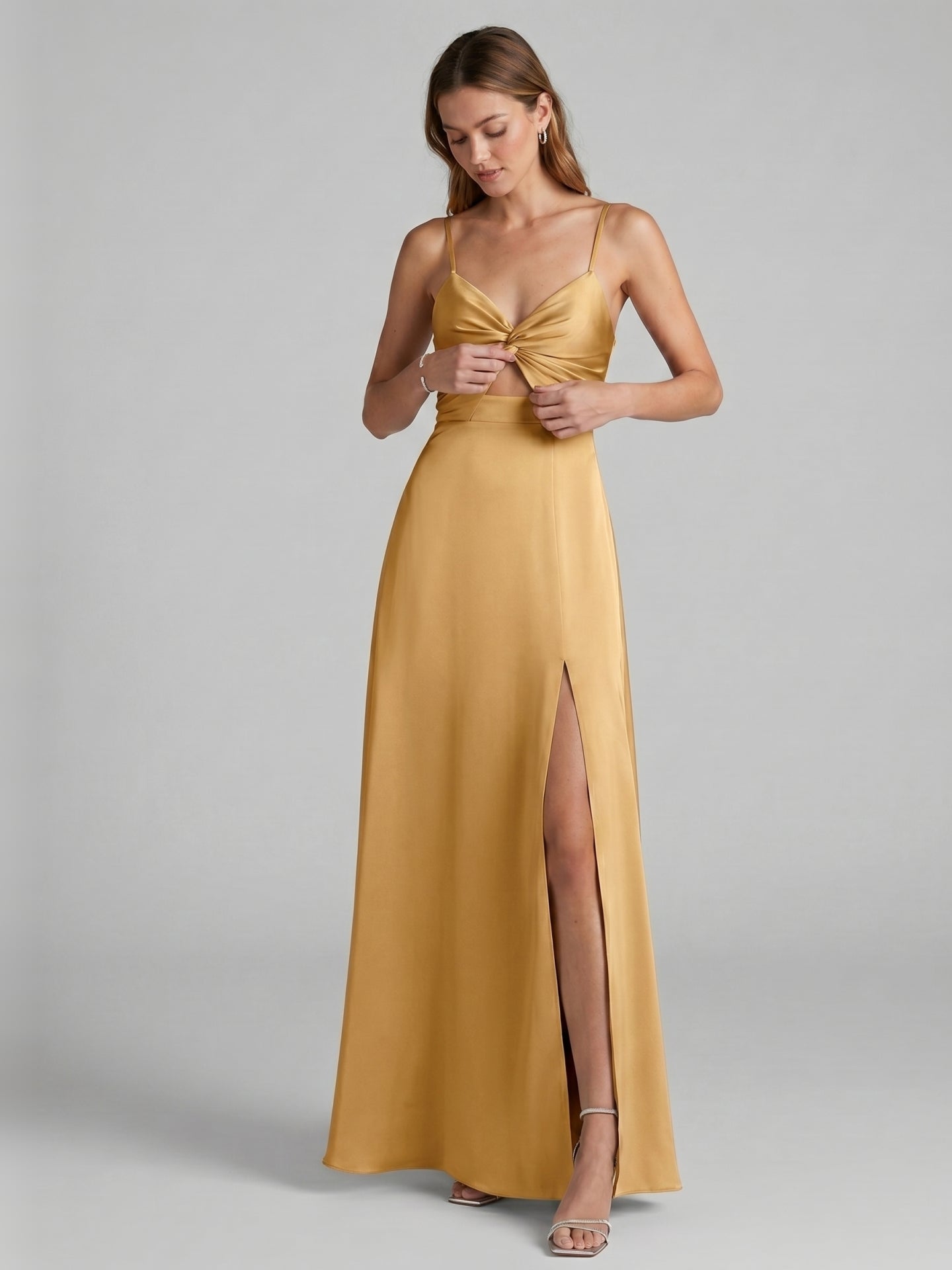 Elegant Gold Satin A-Line Sweetheart Backless Ankle-Length Bridesmaid Dress