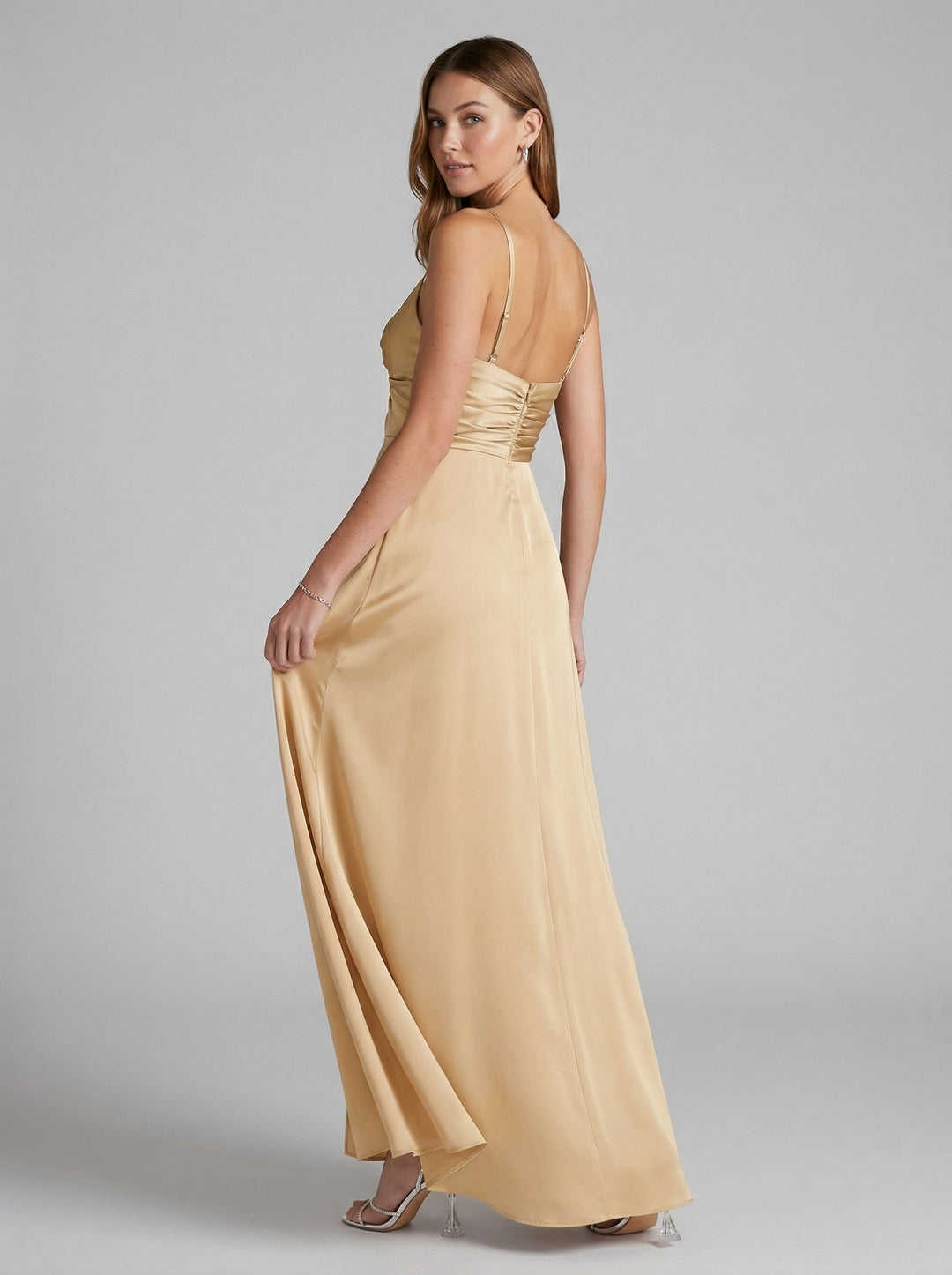 Elegant Gold Satin A-Line Sweetheart Backless Ankle-Length Bridesmaid Dress