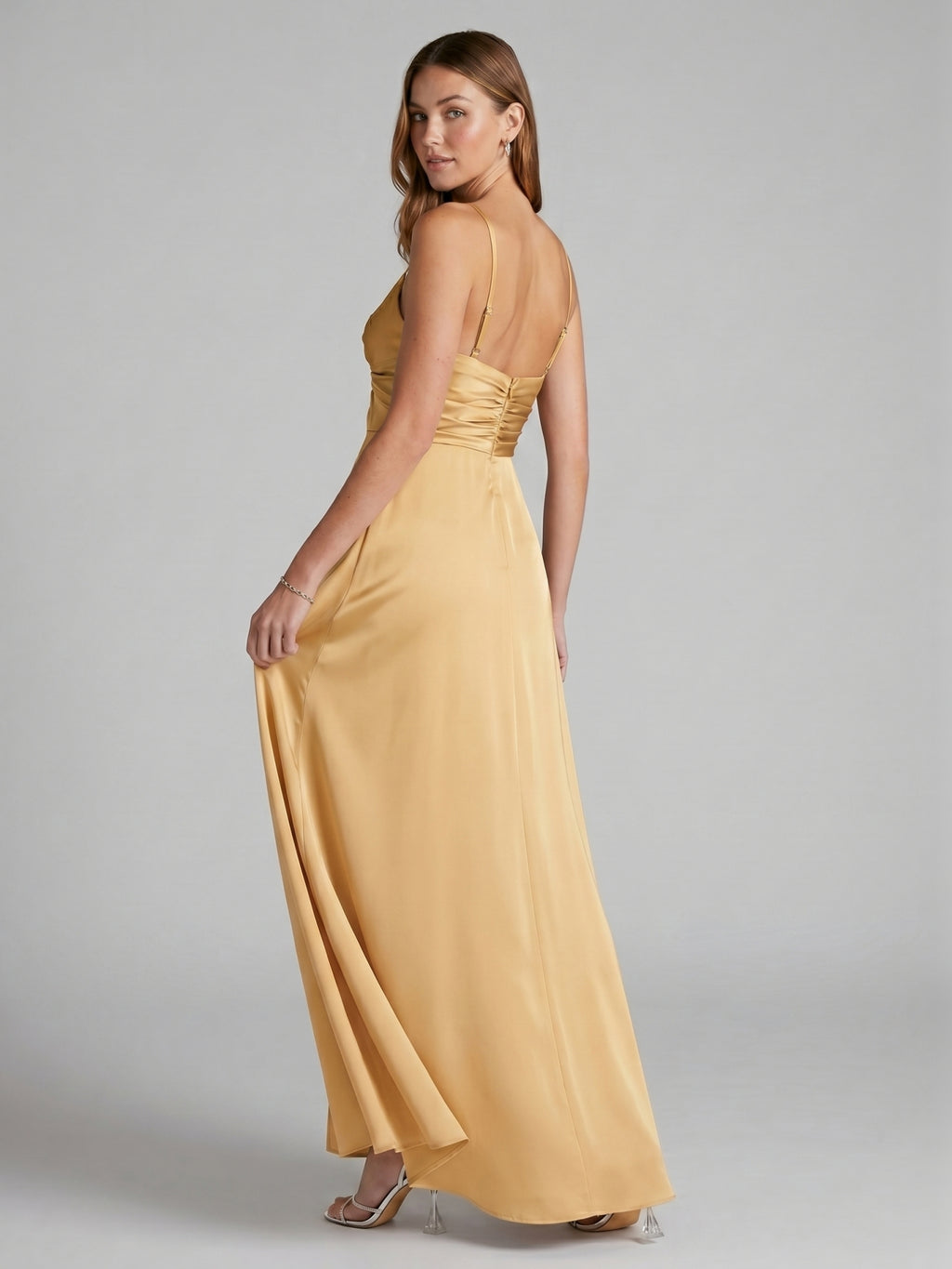 Elegant Gold Satin A-Line Sweetheart Backless Ankle-Length Bridesmaid Dress