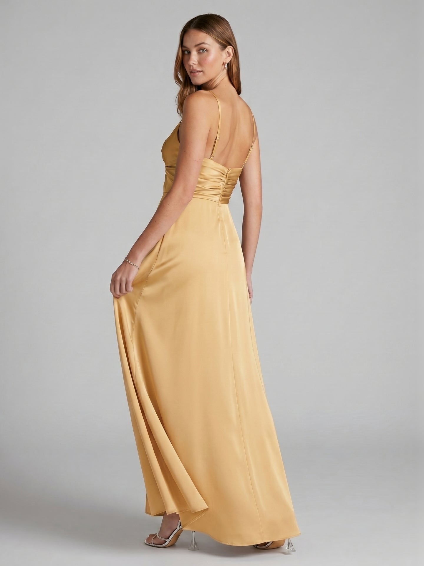 Elegant Gold Satin A-Line Sweetheart Backless Ankle-Length Bridesmaid Dress
