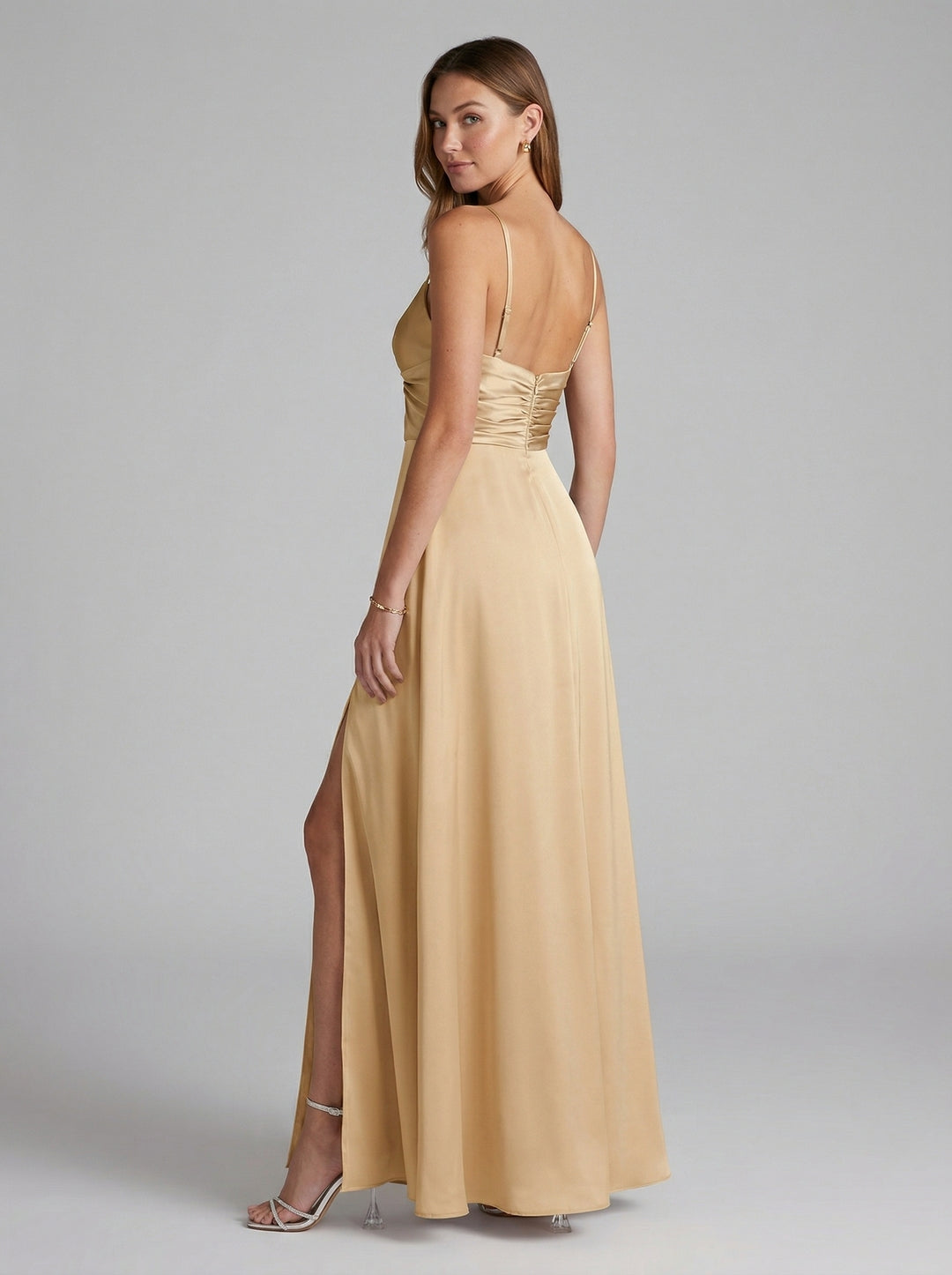 Elegant Gold Satin A-Line Sweetheart Backless Ankle-Length Bridesmaid Dress