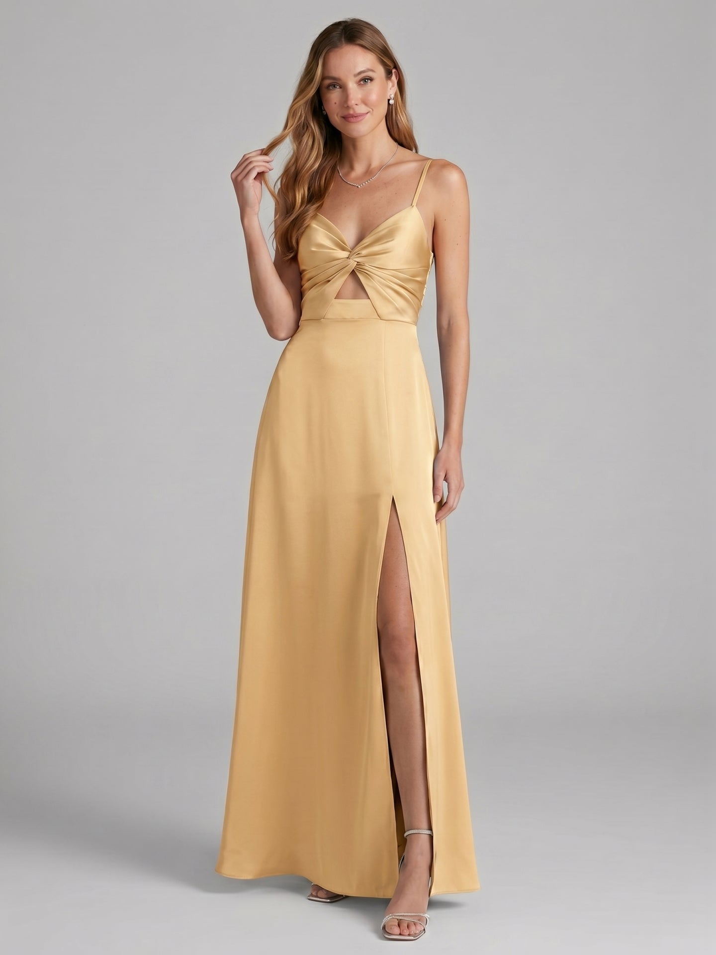 Elegant Gold Satin A-Line Sweetheart Backless Ankle-Length Bridesmaid Dress