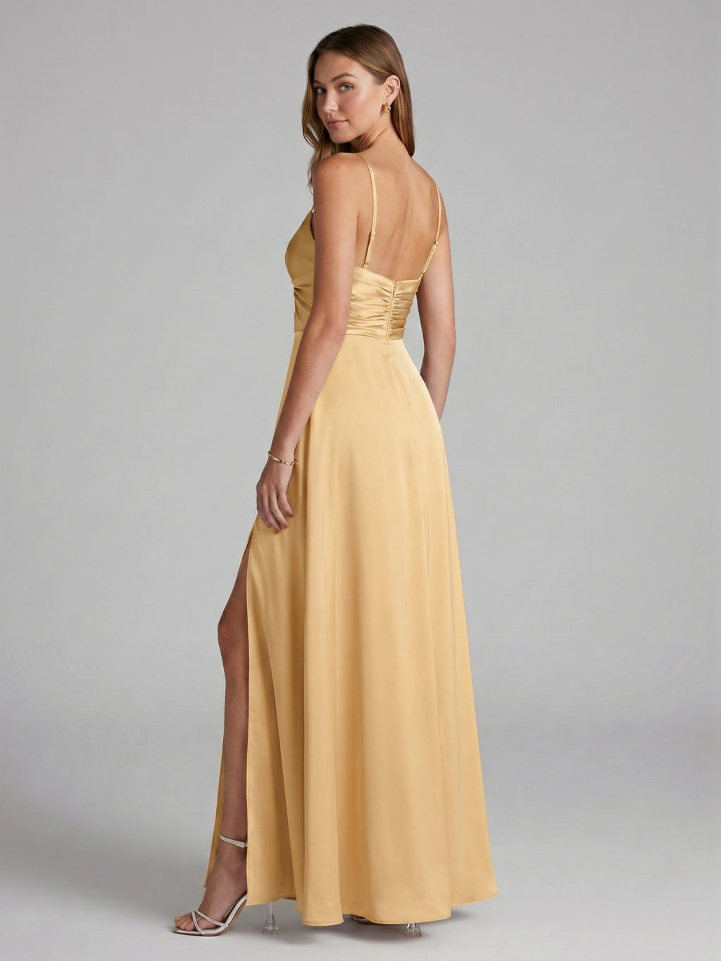 Elegant Gold Satin A-Line Sweetheart Backless Ankle-Length Bridesmaid Dress