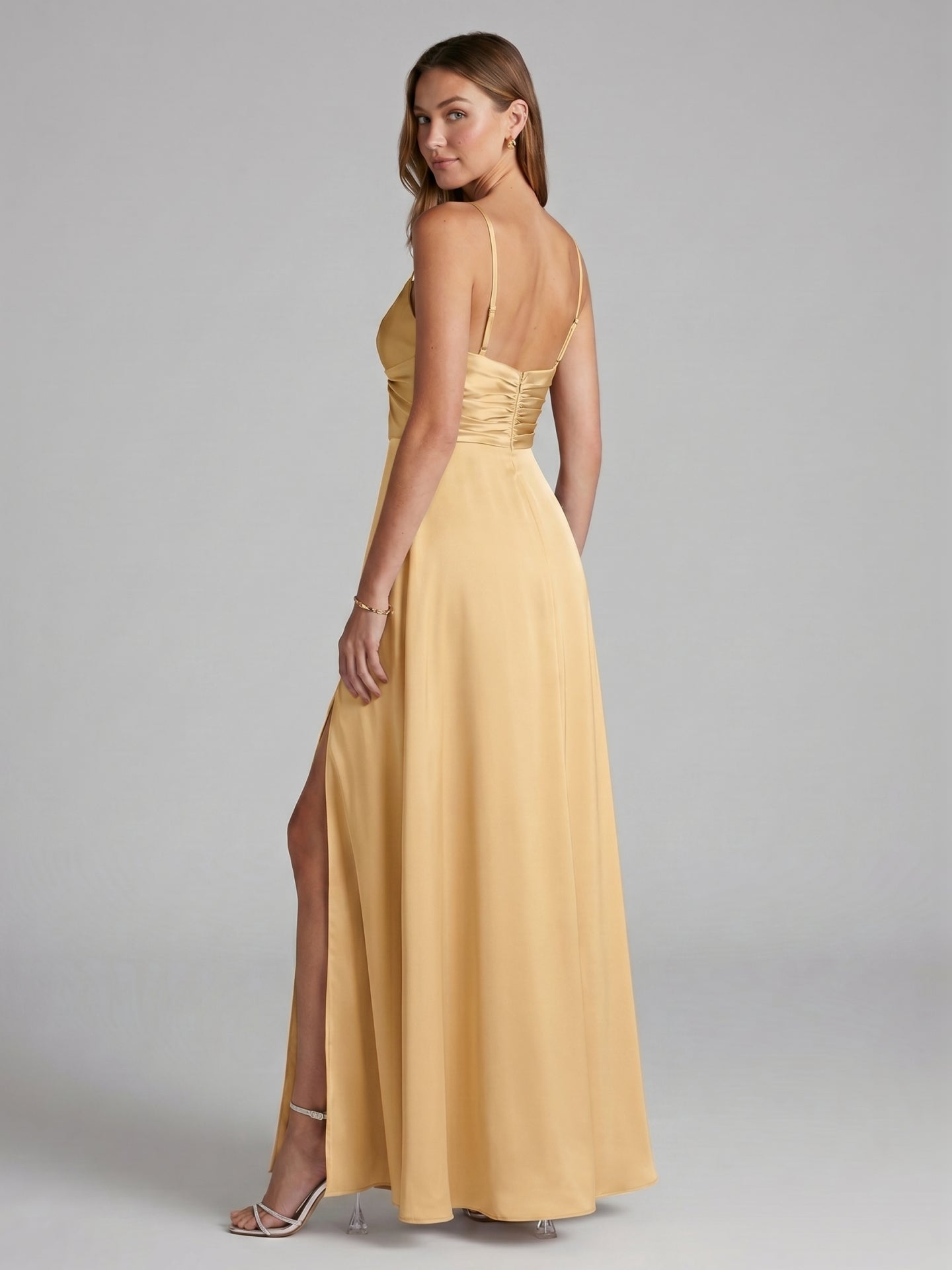 Elegant Gold Satin A-Line Sweetheart Backless Ankle-Length Bridesmaid Dress