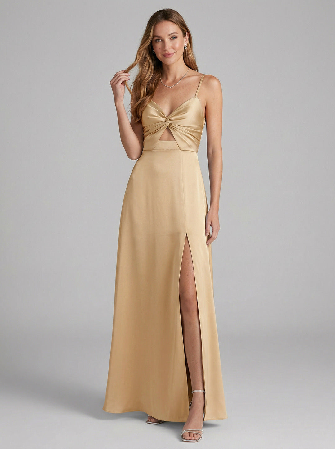 Elegant Gold Satin A-Line Sweetheart Backless Ankle-Length Bridesmaid Dress