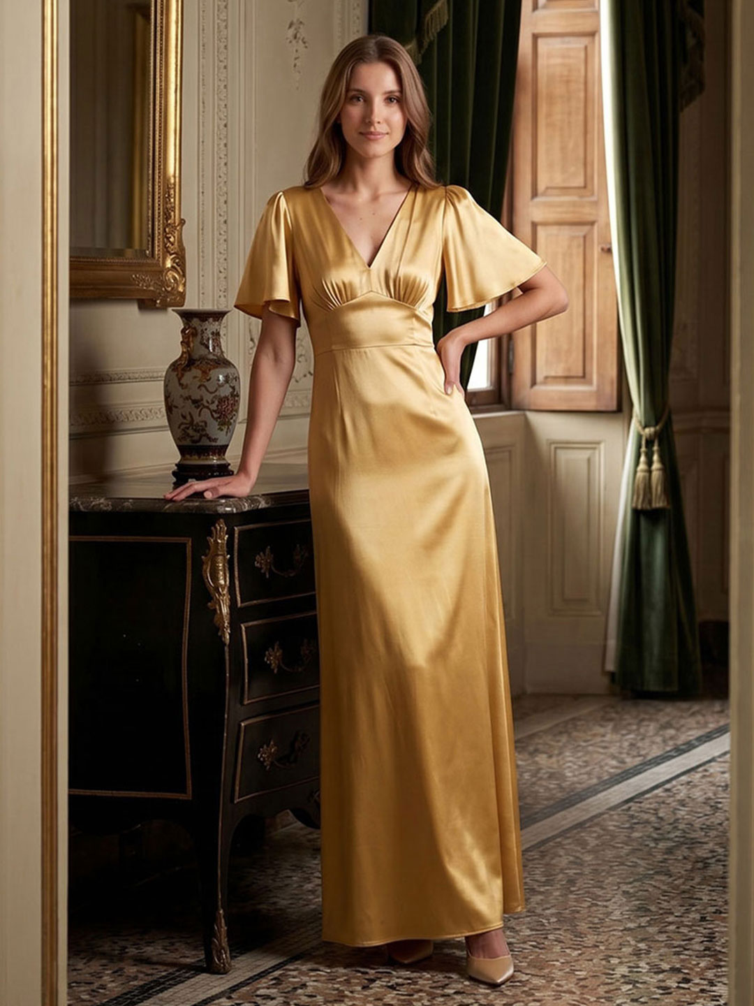 Elegant Gold Satin A-Line V-Neck V-Back Ankle-Length Bridesmaid Dress