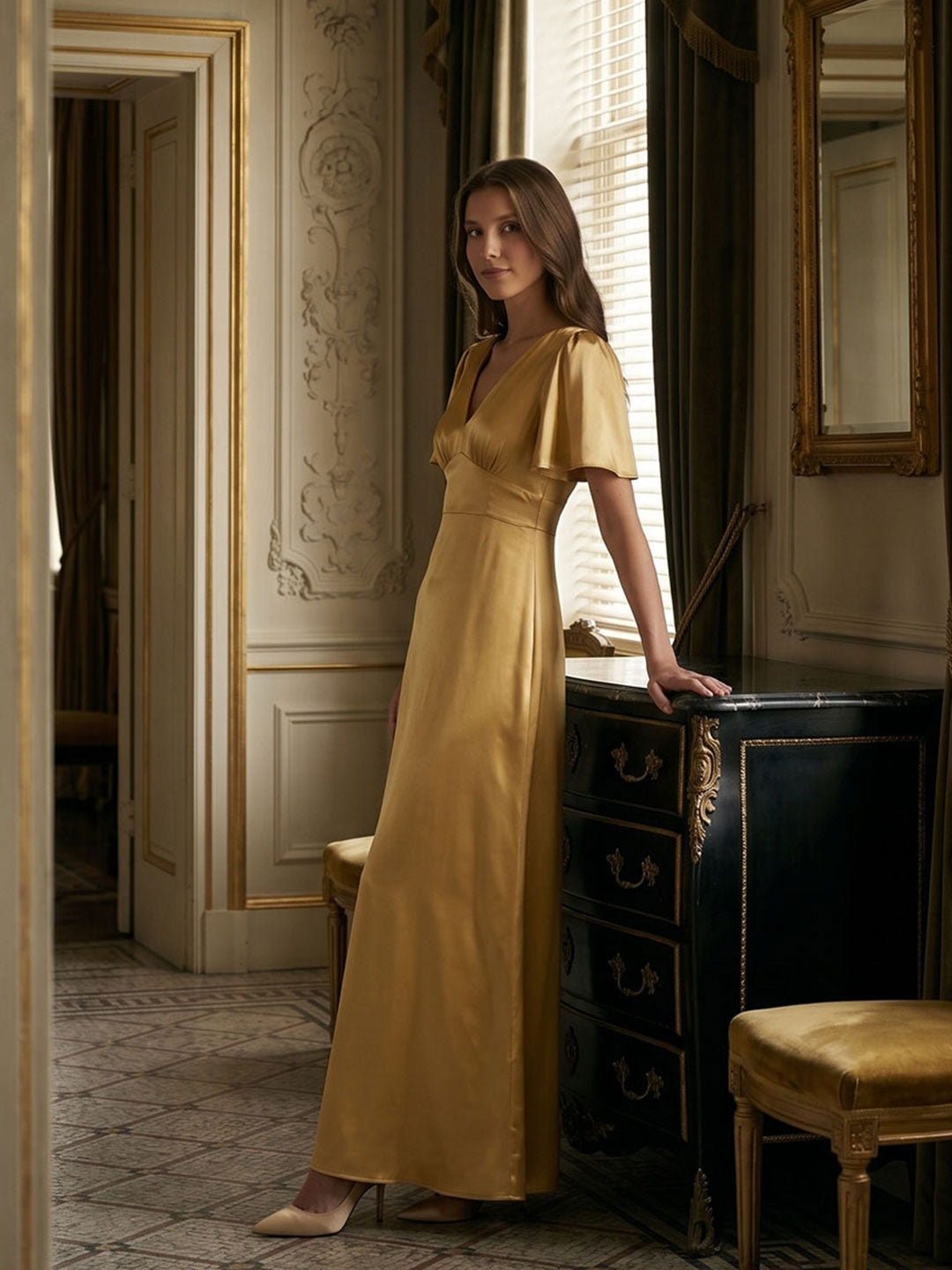 Elegant Gold Satin A-Line V-Neck V-Back Ankle-Length Bridesmaid Dress