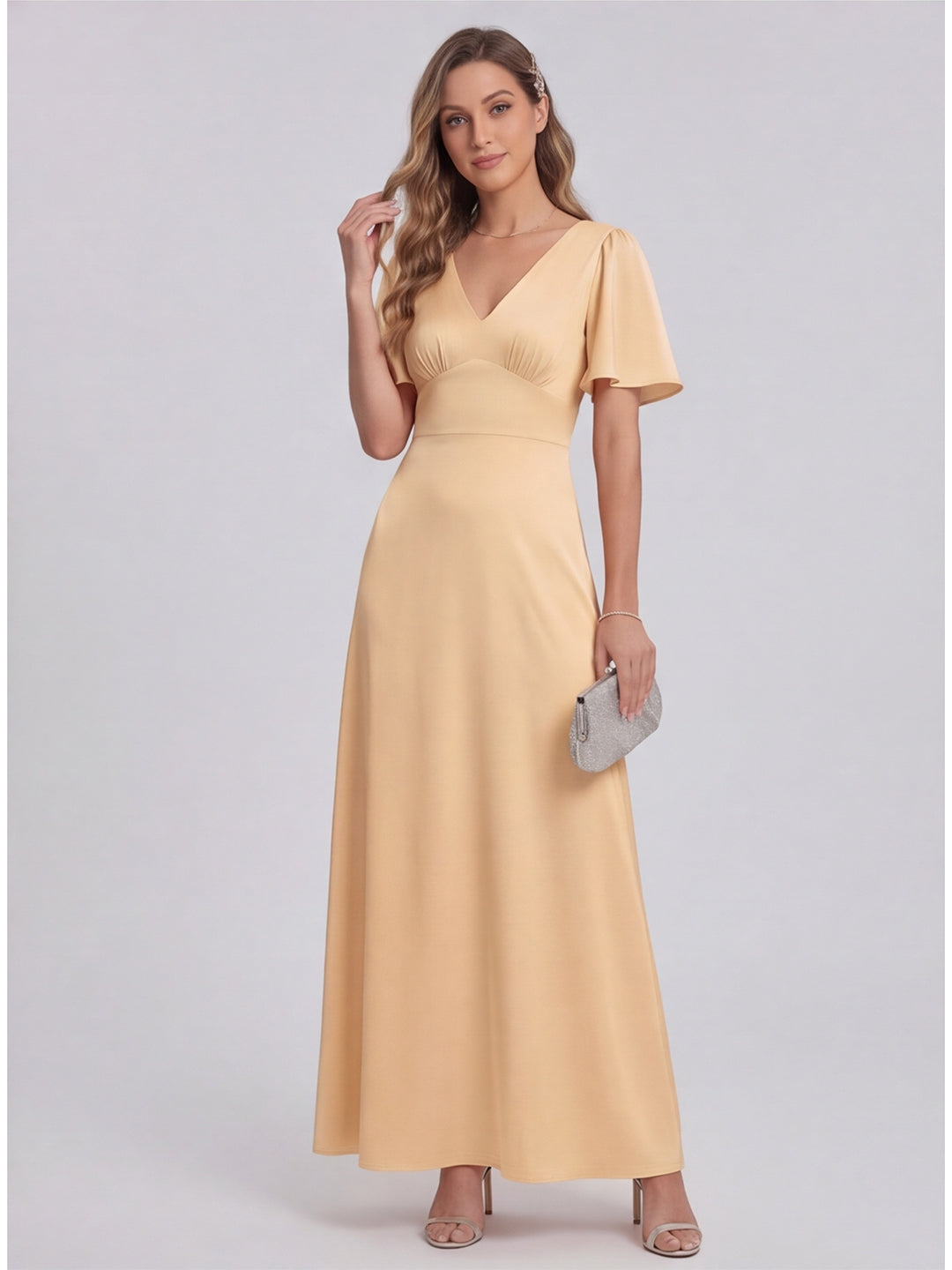 Elegant Gold Satin A-Line V-Neck V-Back Ankle-Length Bridesmaid Dress