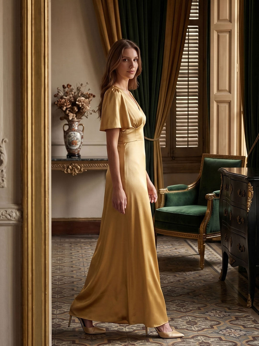 Elegant Gold Satin A-Line V-Neck V-Back Ankle-Length Bridesmaid Dress