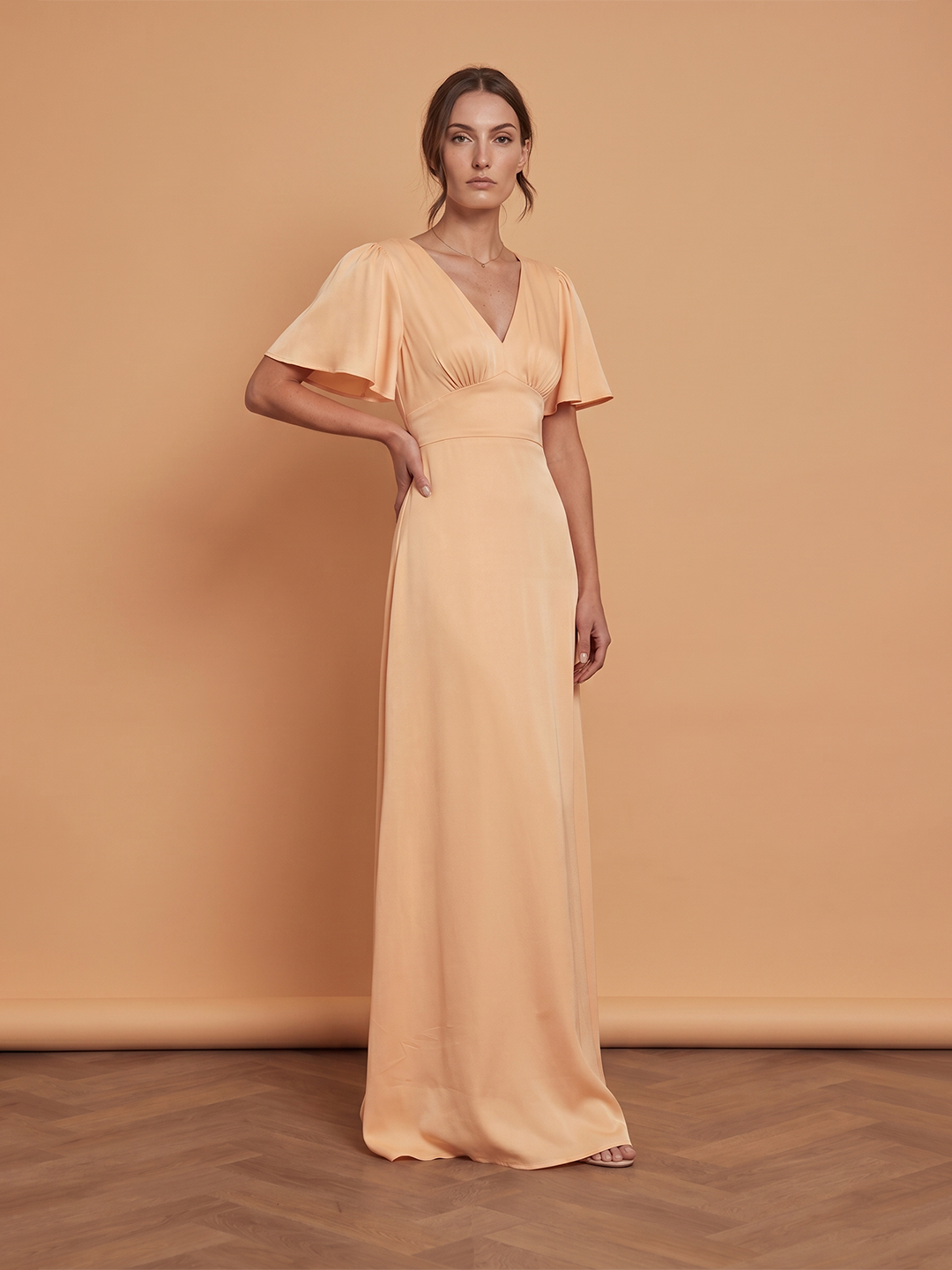 Elegant Gold Satin A-Line V-Neck V-Back Ankle-Length Bridesmaid Dress