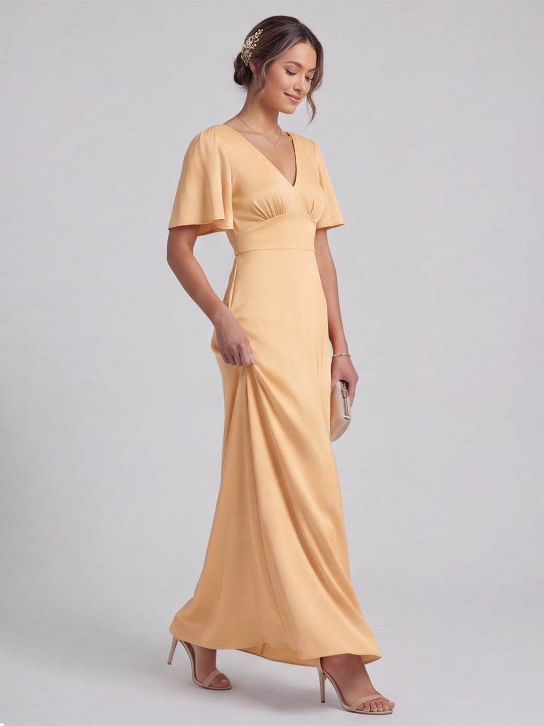 Elegant Gold Satin A-Line V-Neck V-Back Ankle-Length Bridesmaid Dress