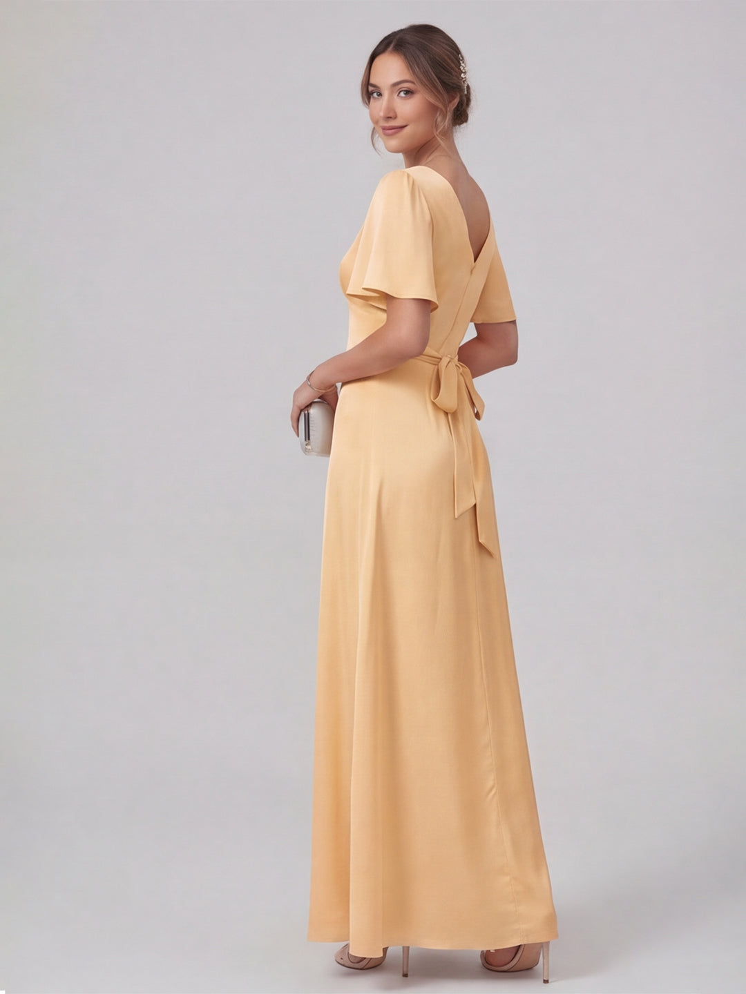 Elegant Gold Satin A-Line V-Neck V-Back Ankle-Length Bridesmaid Dress