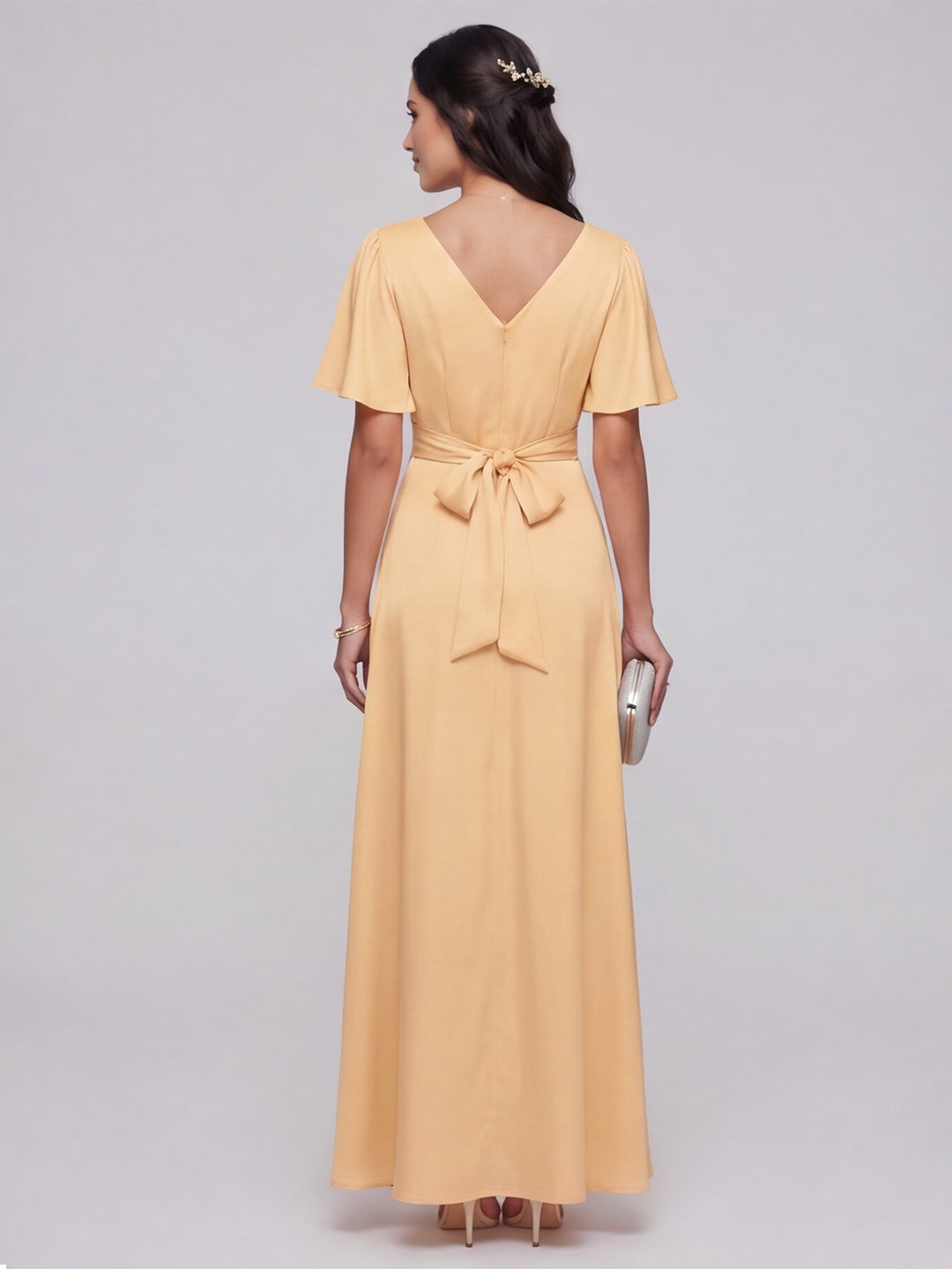 Elegant Gold Satin A-Line V-Neck V-Back Ankle-Length Bridesmaid Dress