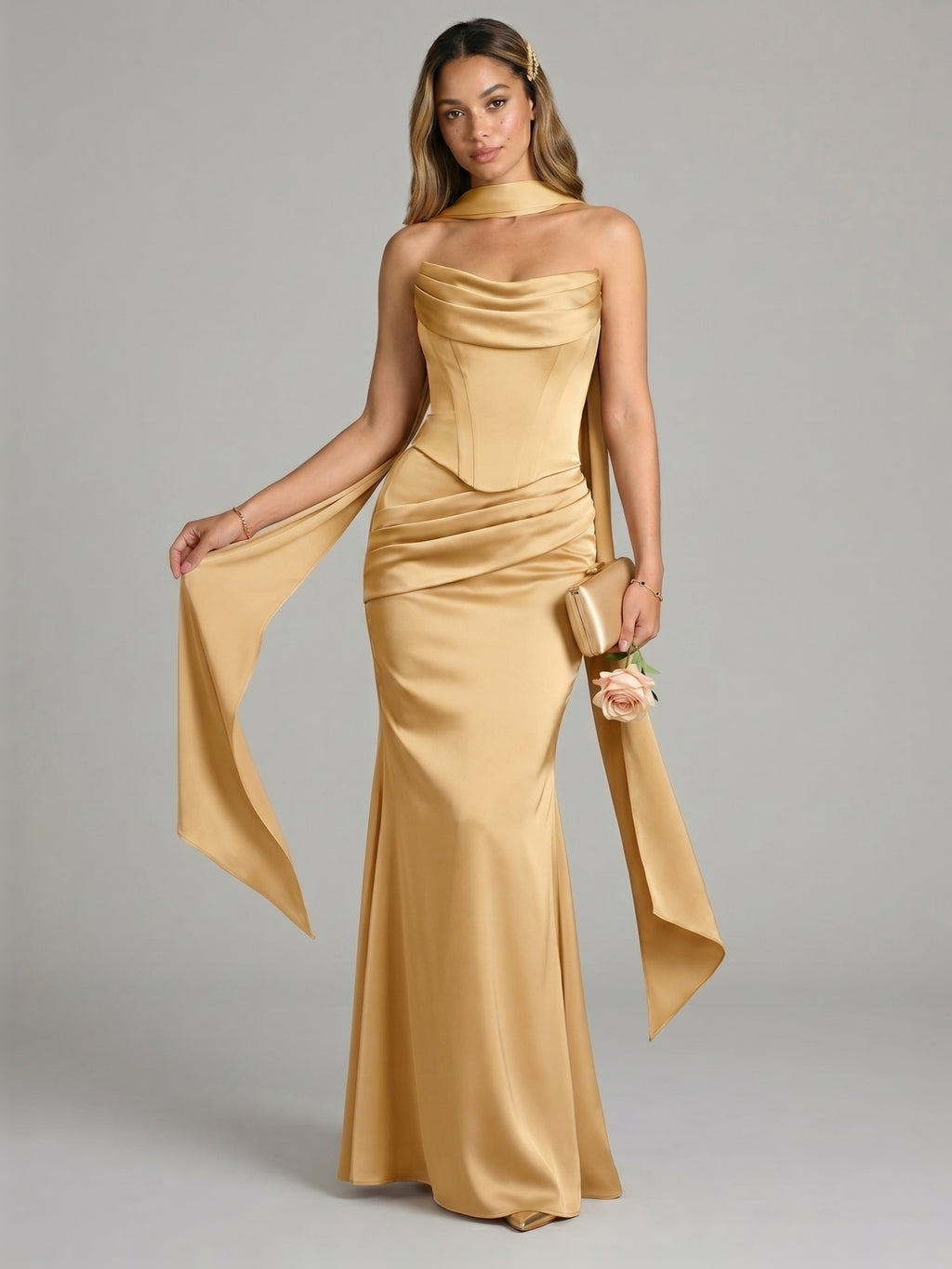 Elegant Gold Satin Mermaid Off-the-Shoulder Ankle-Length Bridesmaid Dress