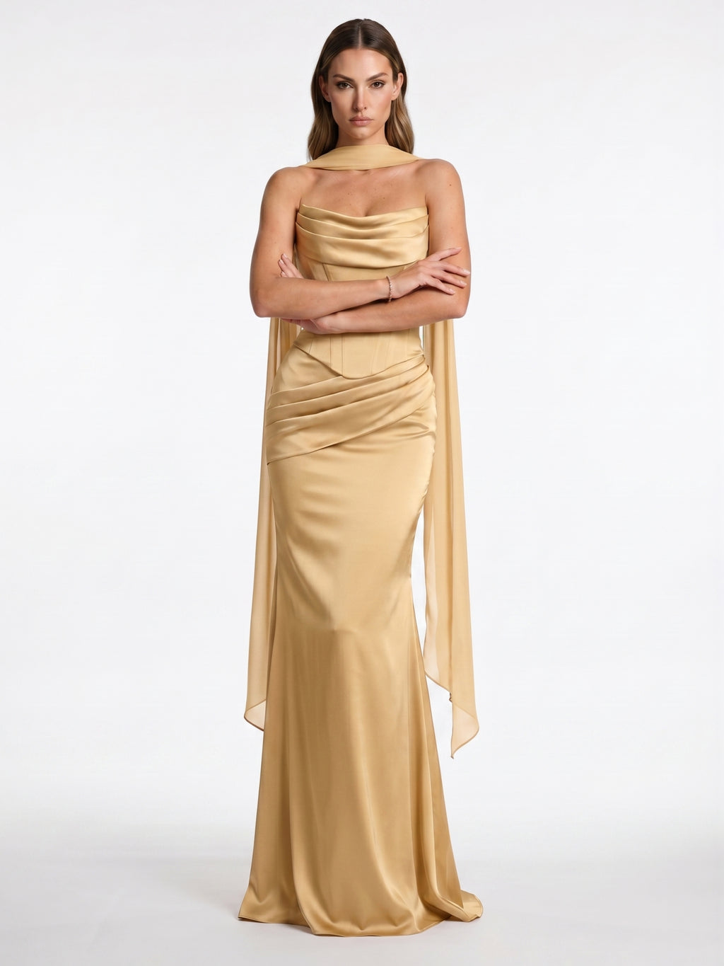 Elegant Gold Satin Mermaid Off-the-Shoulder Ankle-Length Bridesmaid Dress