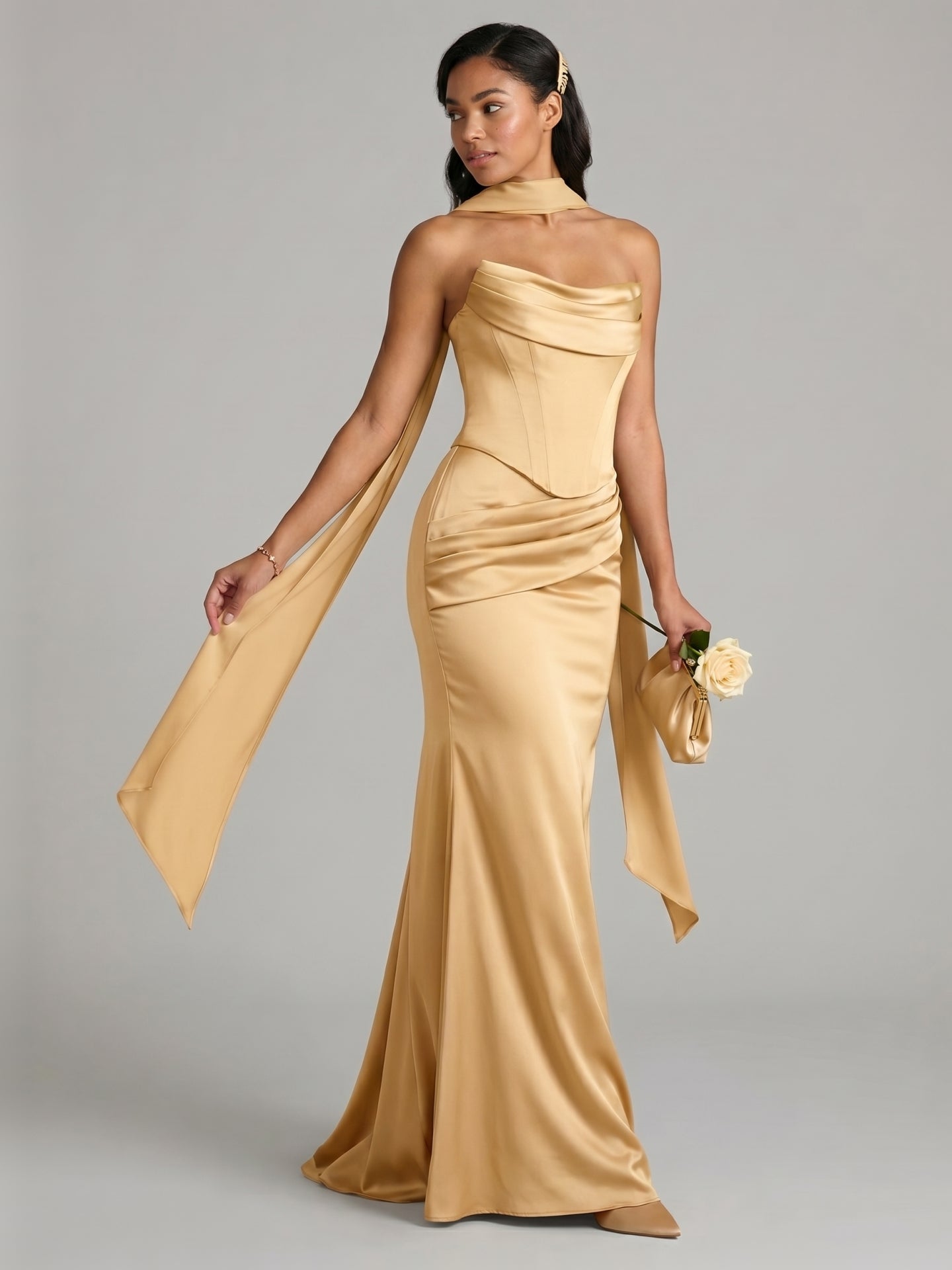 Elegant Gold Satin Mermaid Off-the-Shoulder Ankle-Length Bridesmaid Dress