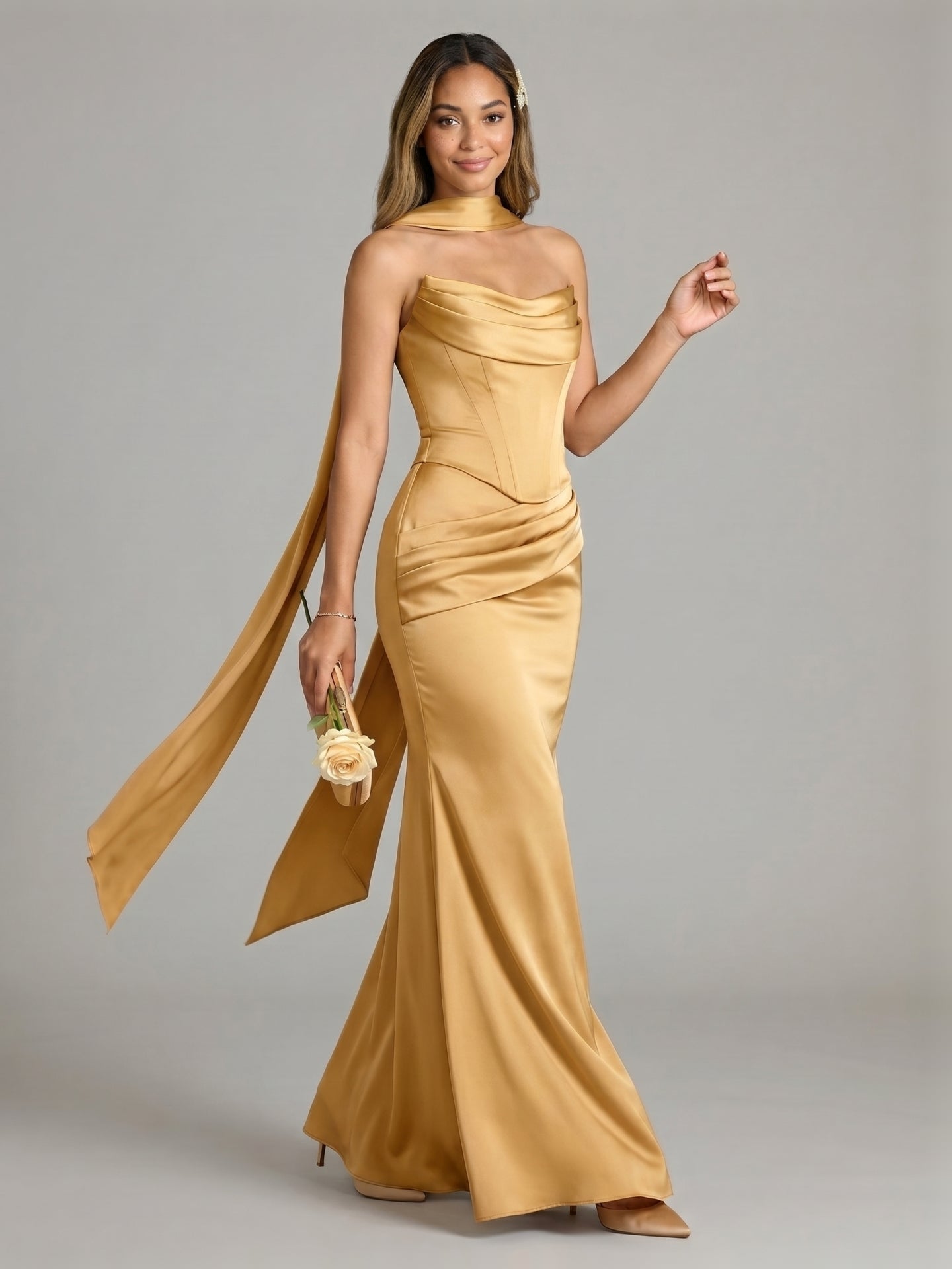 Elegant Gold Satin Mermaid Off-the-Shoulder Ankle-Length Bridesmaid Dress