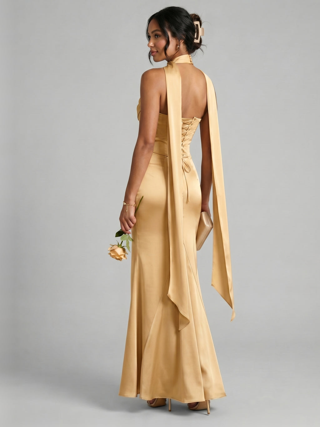 Elegant Gold Satin Mermaid Off-the-Shoulder Ankle-Length Bridesmaid Dress