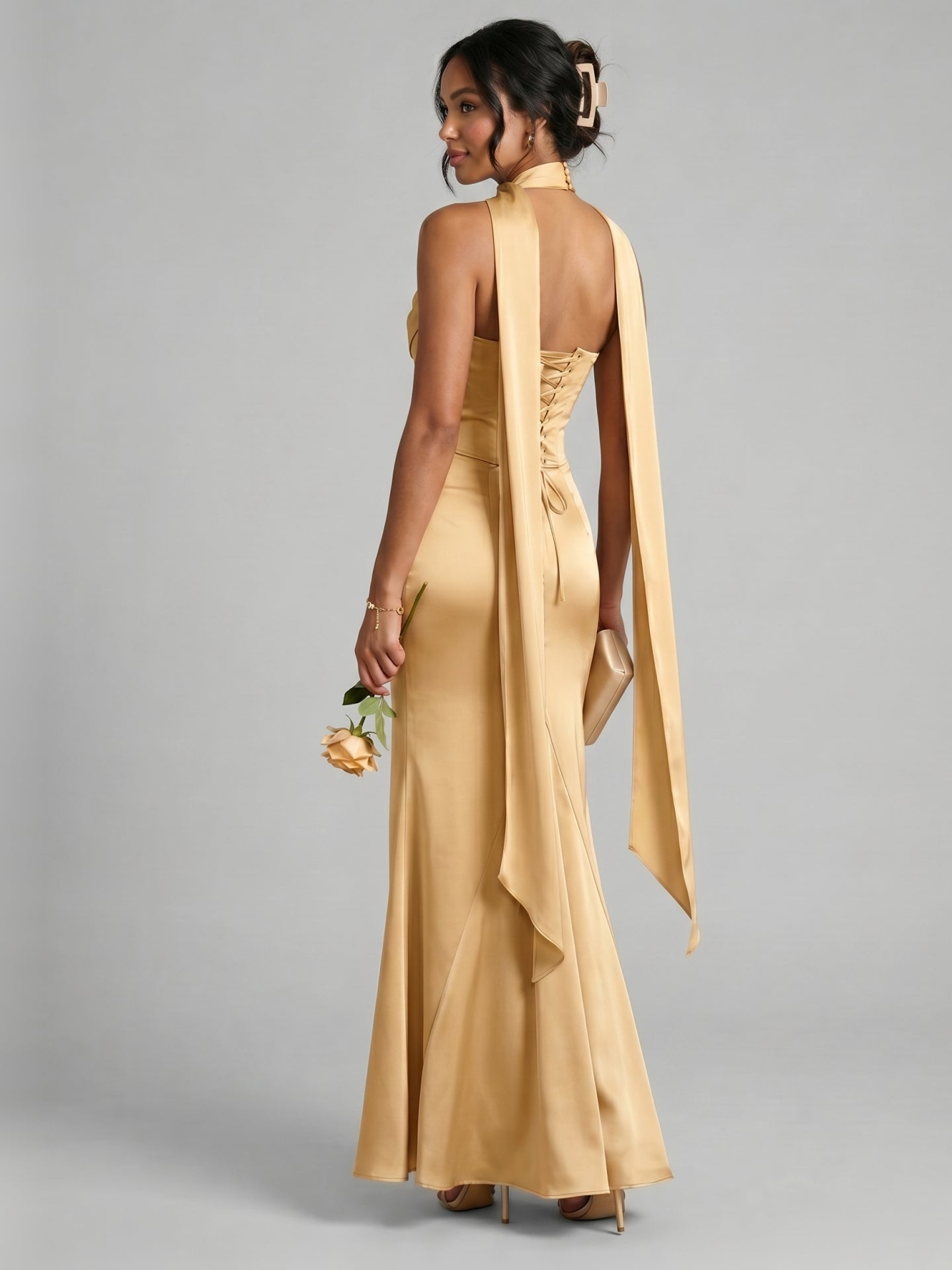 Elegant Gold Satin Mermaid Off-the-Shoulder Ankle-Length Bridesmaid Dress