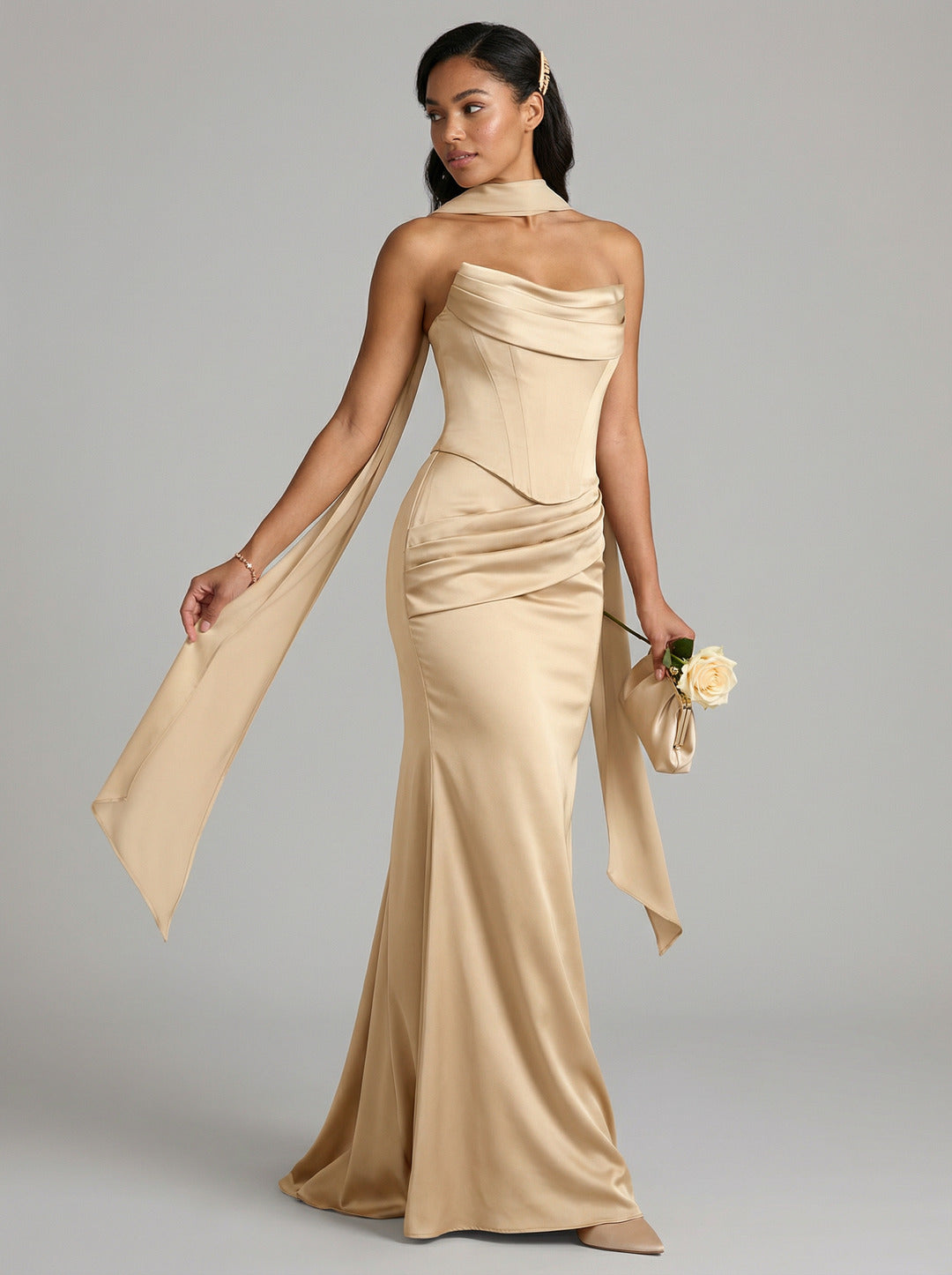 Elegant Gold Satin Mermaid Off-the-Shoulder Ankle-Length Bridesmaid Dress