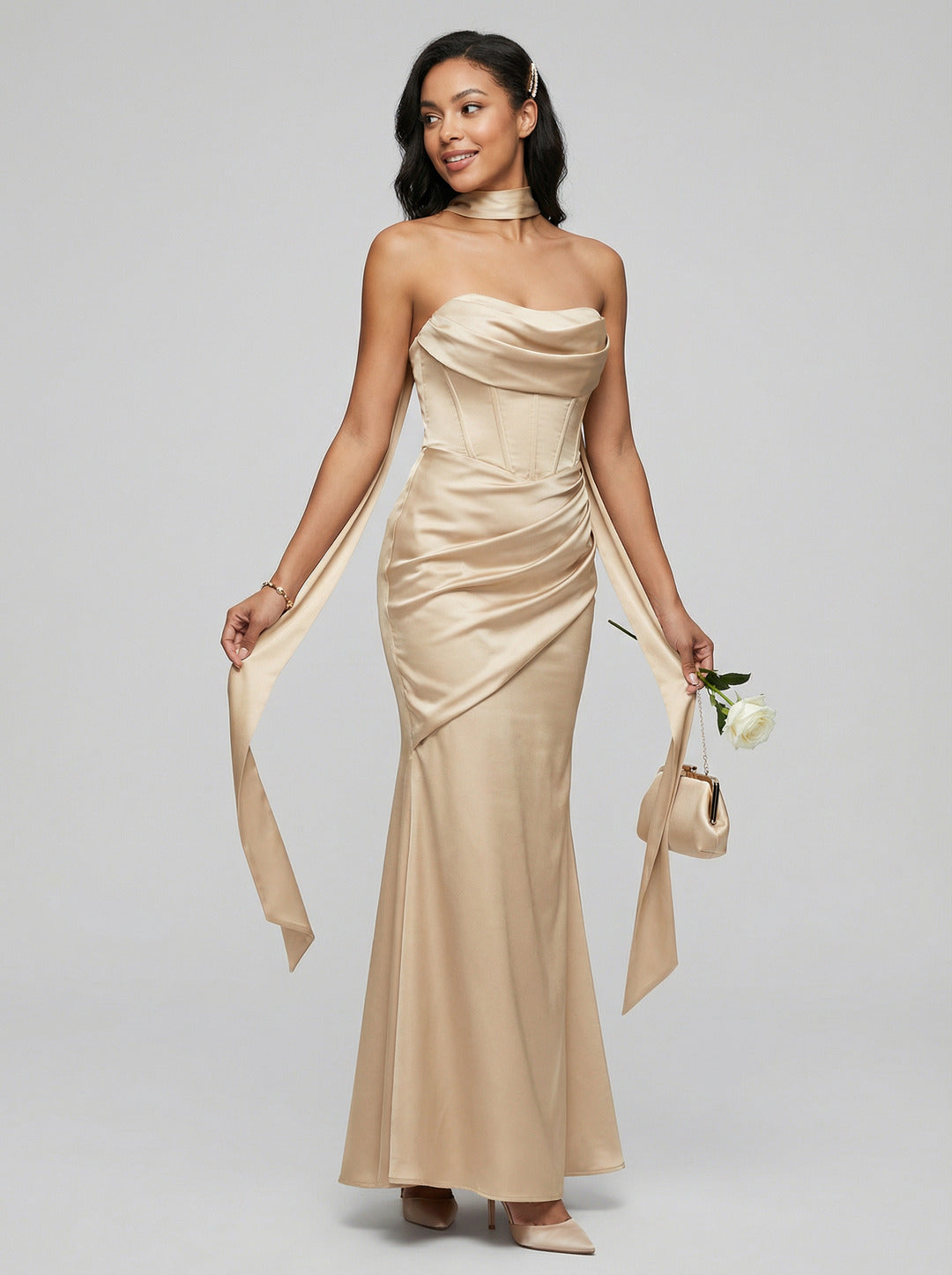 Elegant Gold Satin Mermaid Off-the-Shoulder Ankle-Length Bridesmaid Dress