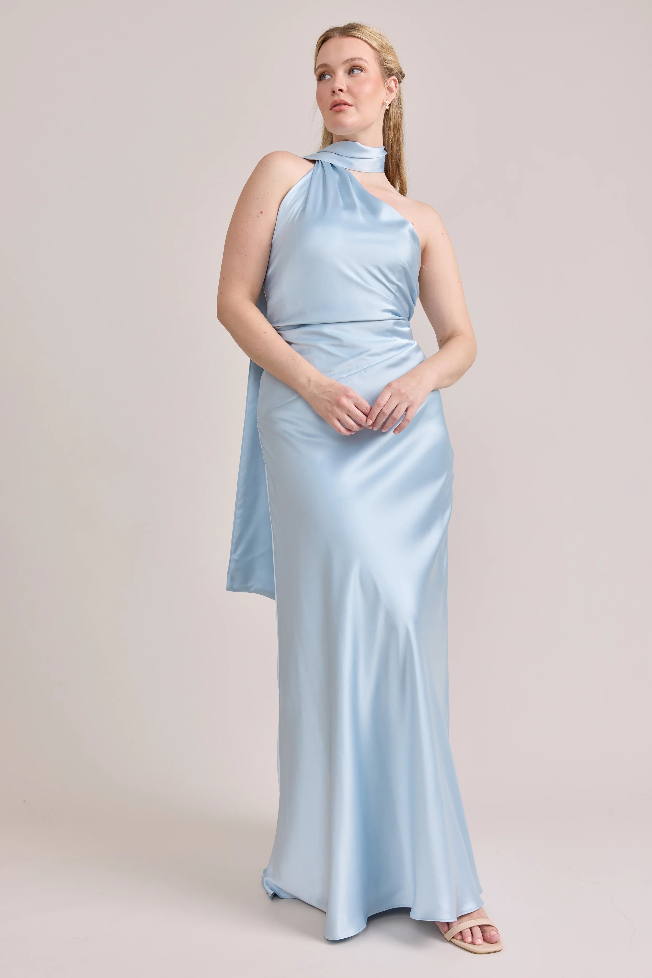 Elegant Halter Neck Satin Mermaid Bridesmaid Dress with Draped Back Detail in Sky Blue
