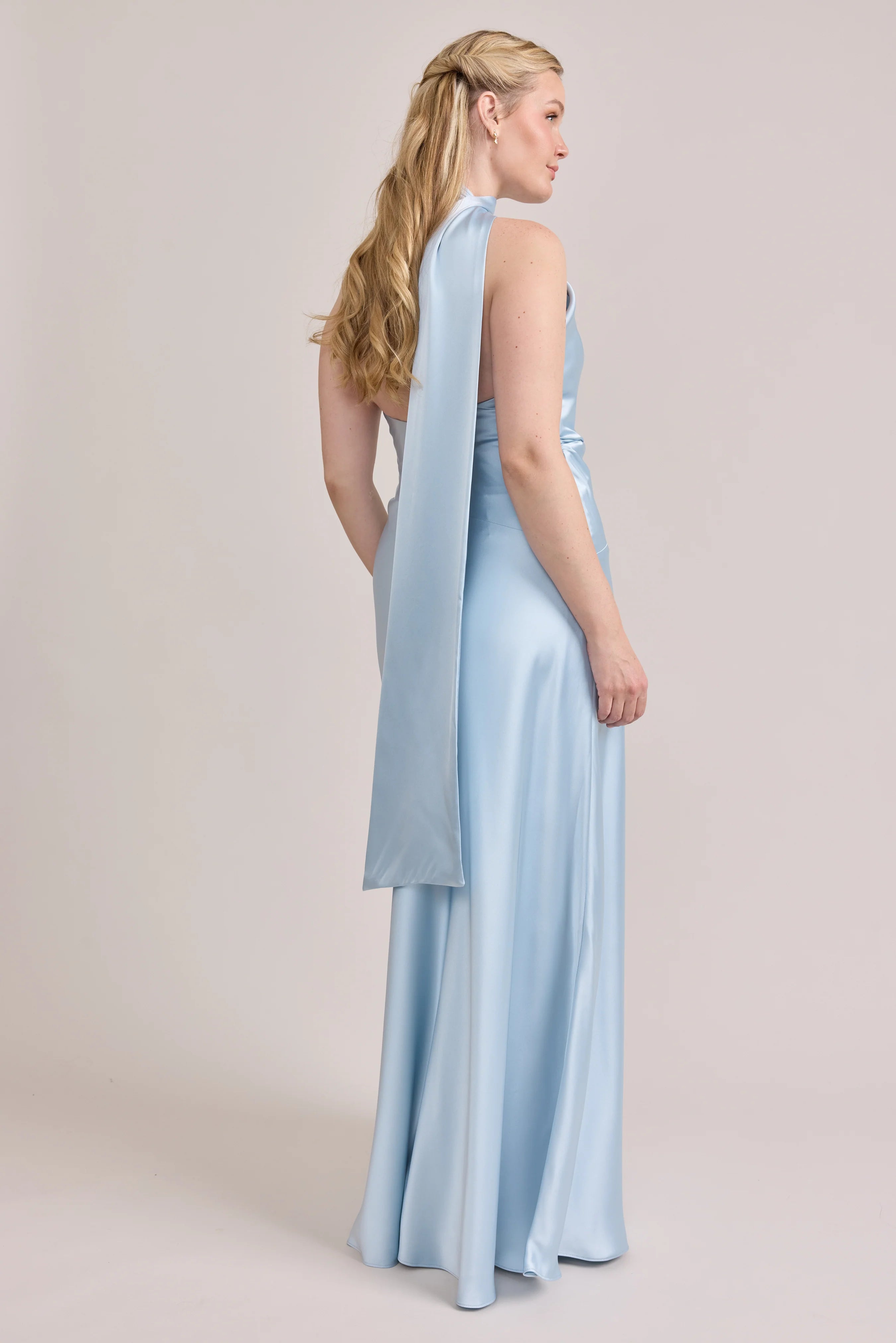 Elegant Halter Neck Satin Mermaid Bridesmaid Dress with Draped Back Detail in Sky Blue