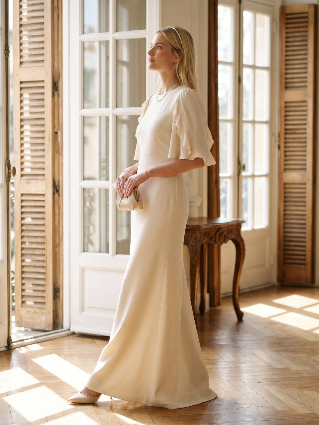 Elegant Ivory Matte Satin A-Line Scoop Neck Back Zip Ankle-Length Bridesmaid Dress
