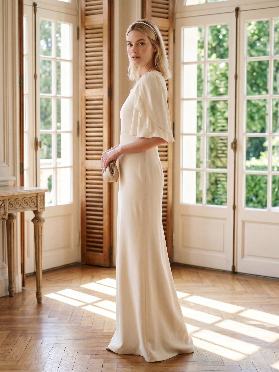 Elegant Ivory Matte Satin A-Line Scoop Neck Back Zip Ankle-Length Bridesmaid Dress