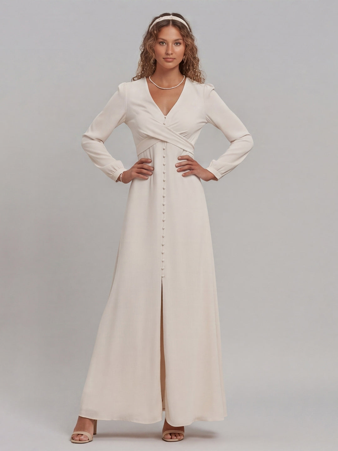 Elegant Ivory Matte Satin A-Line V-Neck Lace-up Ankle-Length Bridesmaid Dress