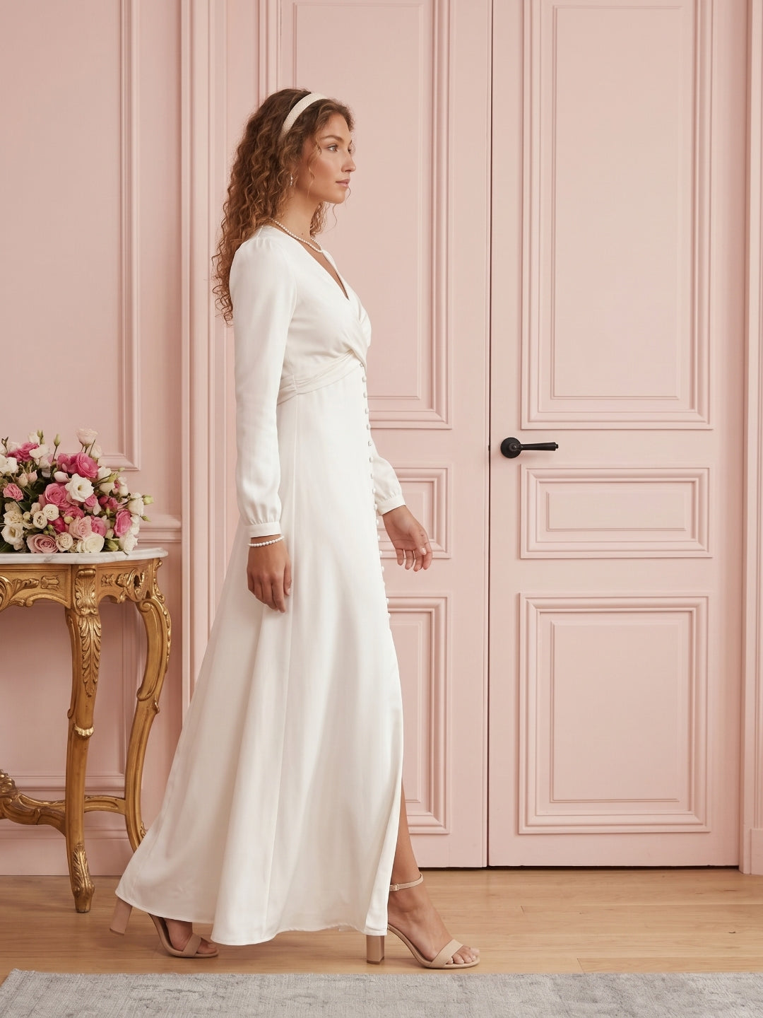 Elegant Ivory Matte Satin A-Line V-Neck Lace-up Ankle-Length Bridesmaid Dress