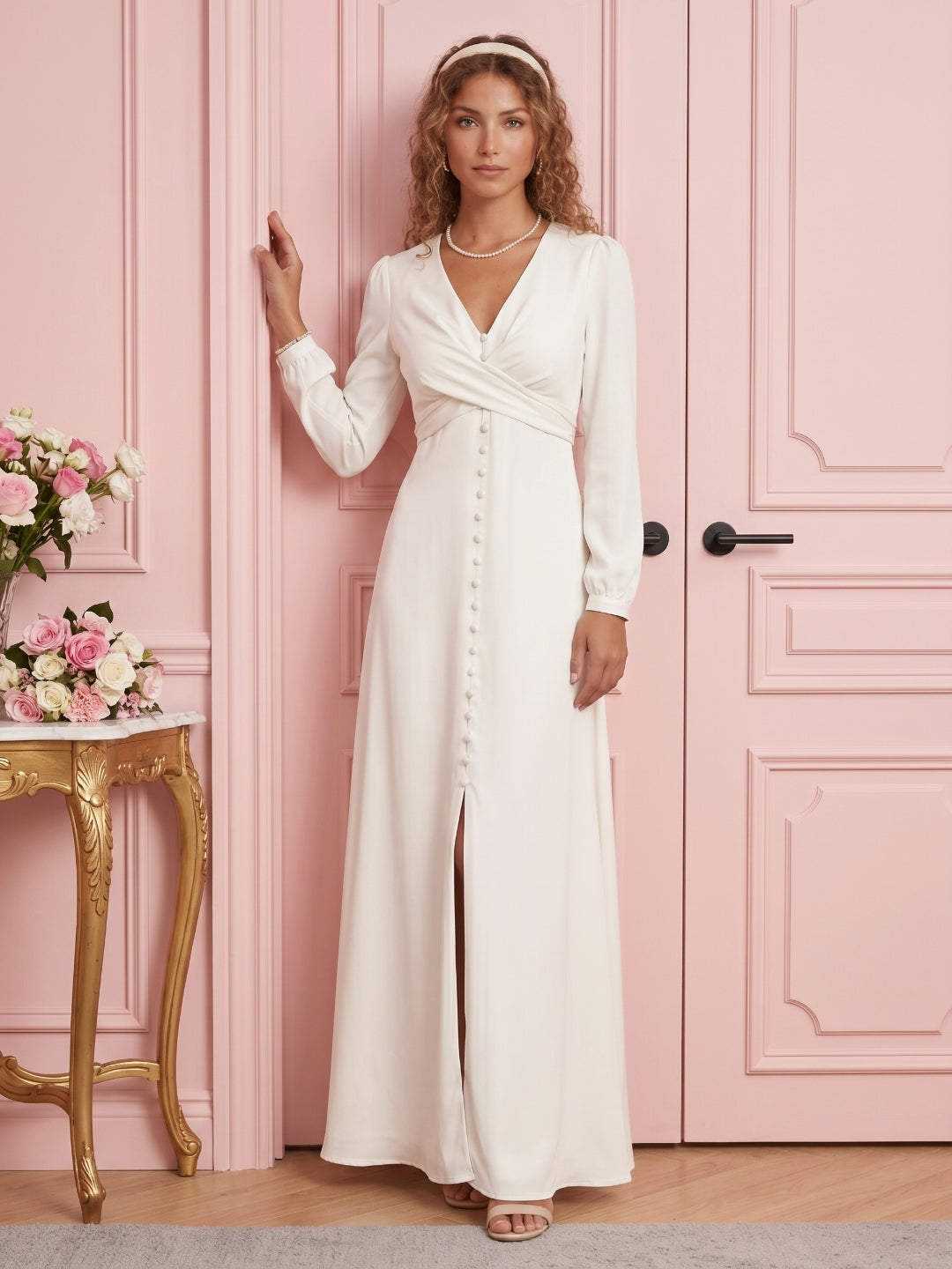 Elegant Ivory Matte Satin A-Line V-Neck Lace-up Ankle-Length Bridesmaid Dress