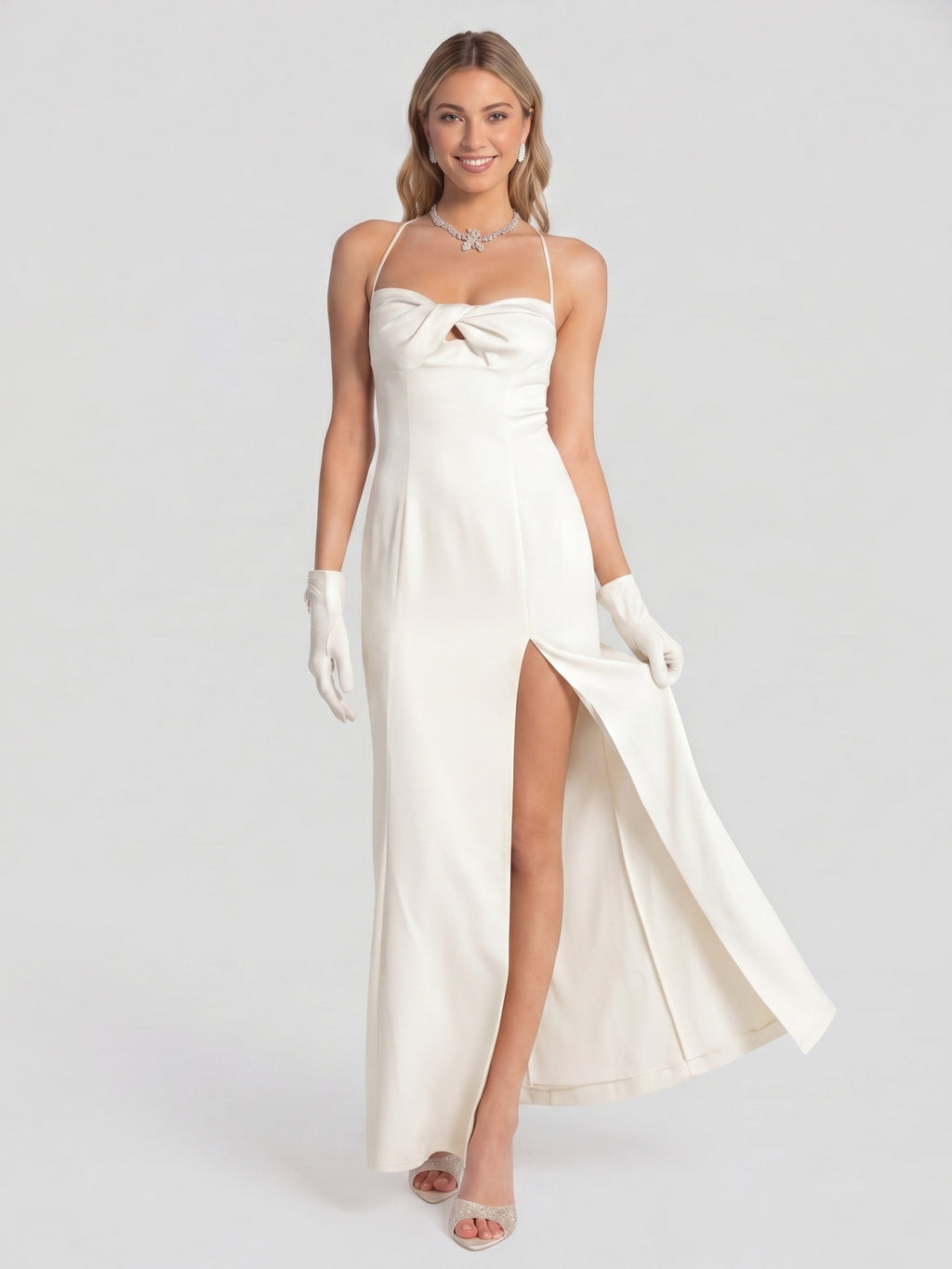Elegant Ivory Satin column Halter Neck Ankle-Length Bridesmaid Dress