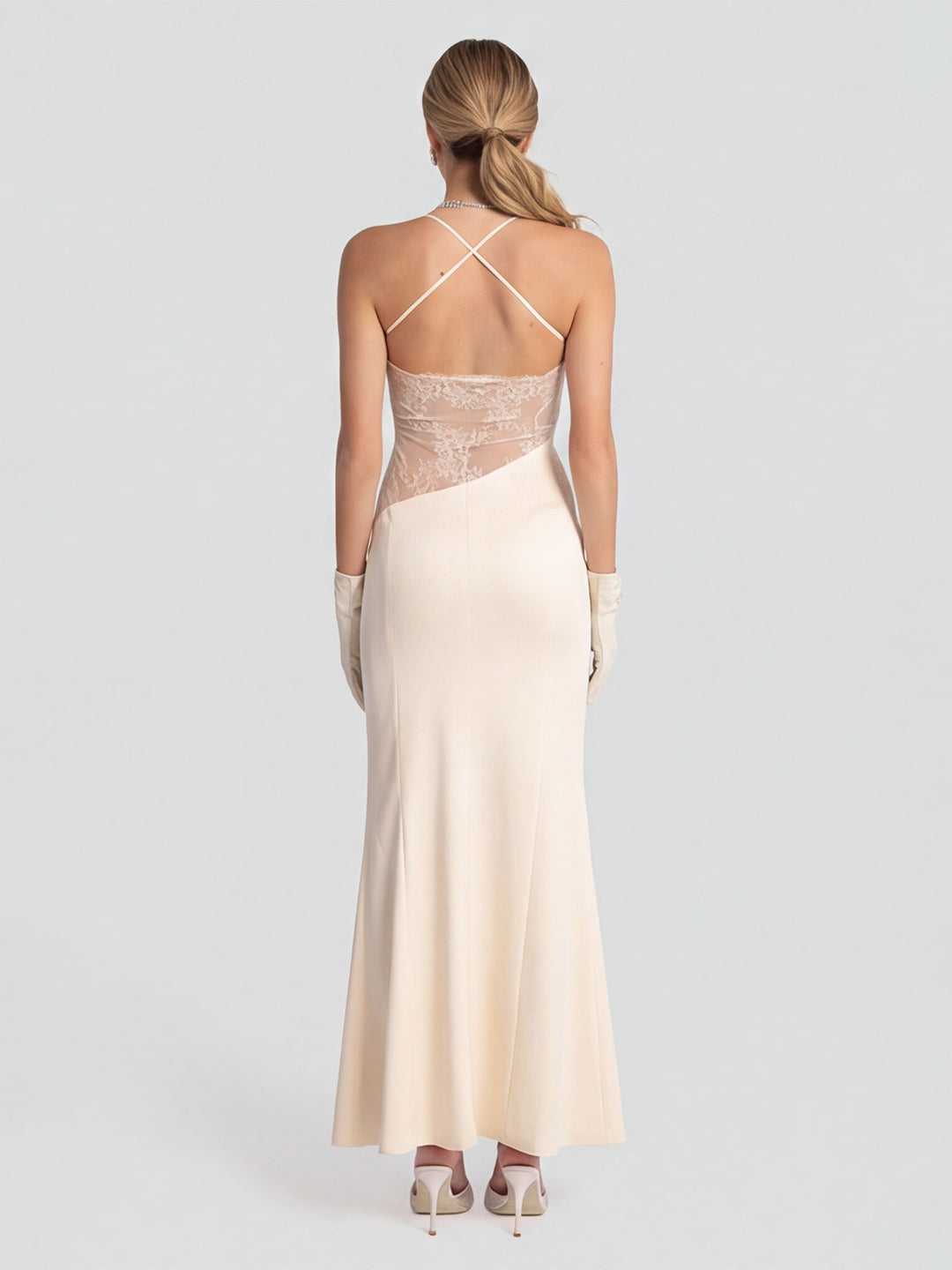 Elegant Ivory Satin column Halter Neck Ankle-Length Bridesmaid Dress