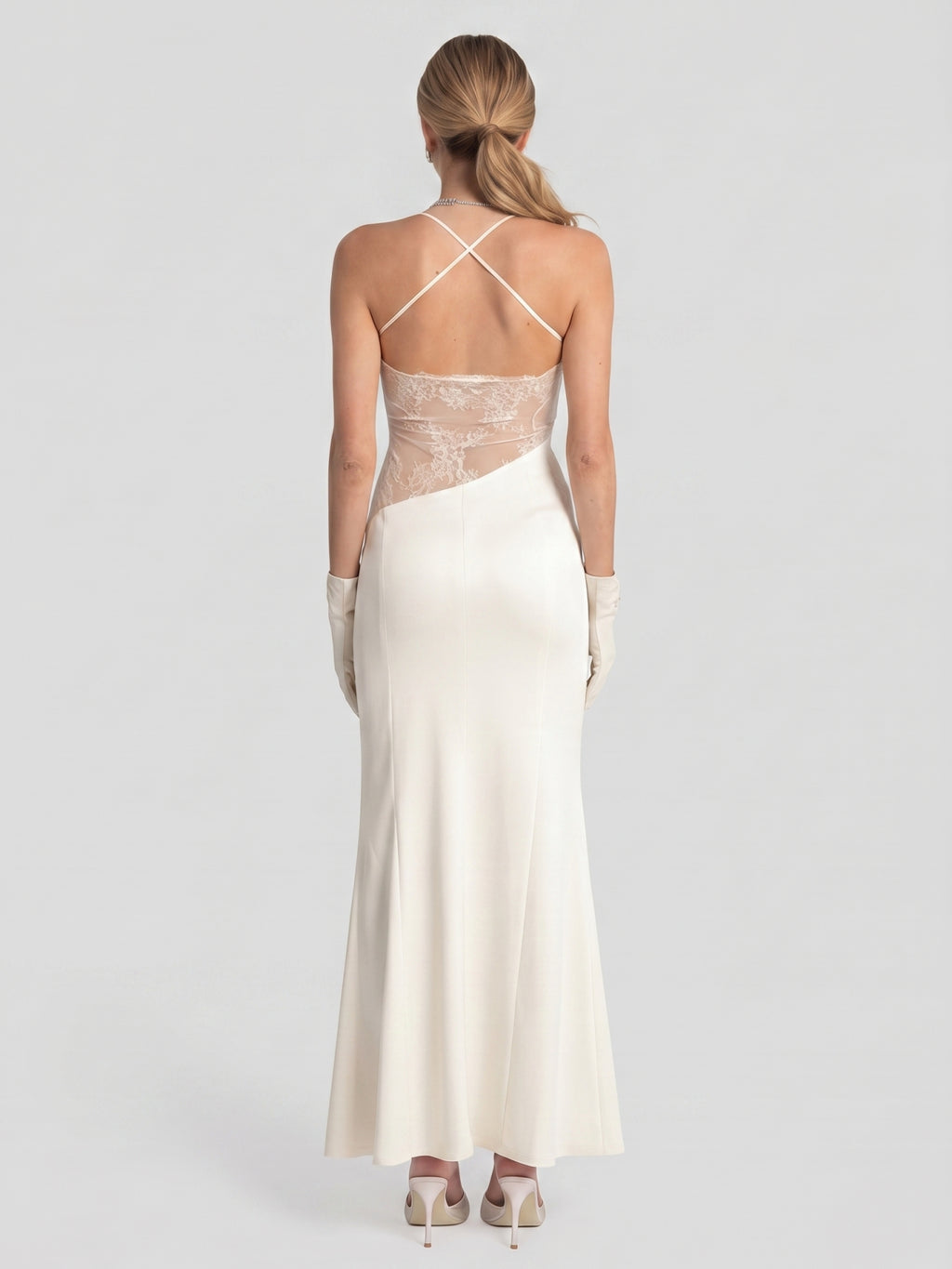 Elegant Ivory Satin column Halter Neck Ankle-Length Bridesmaid Dress