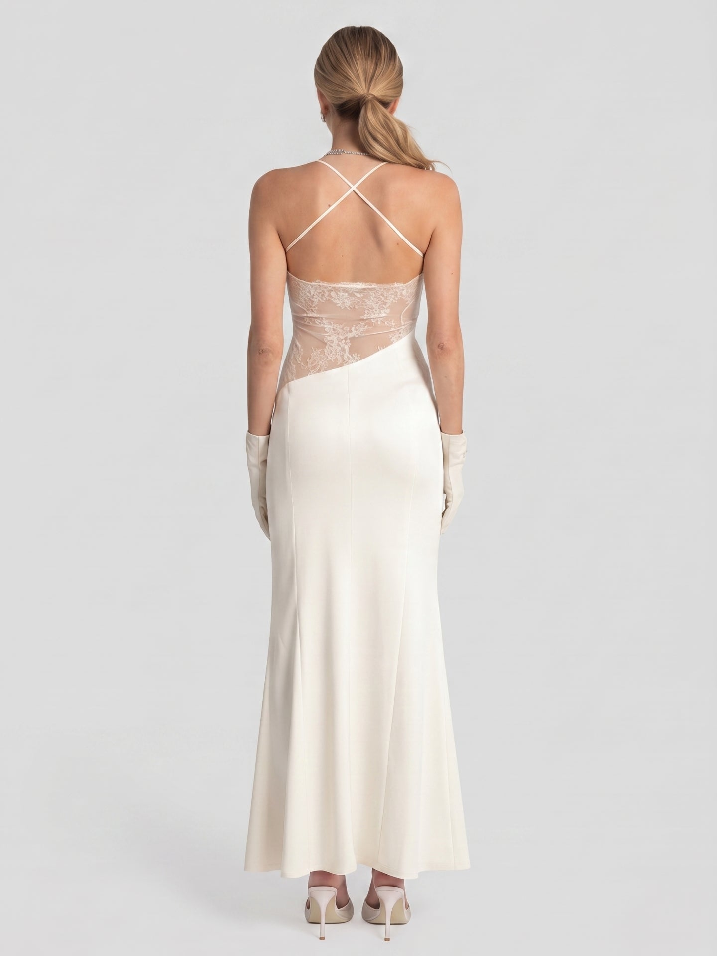 Elegant Ivory Satin column Halter Neck Ankle-Length Bridesmaid Dress