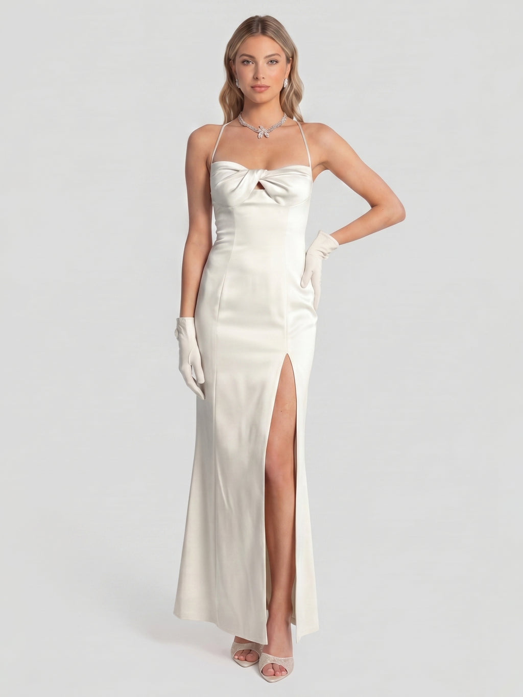 Elegant Ivory Satin column Halter Neck Ankle-Length Bridesmaid Dress
