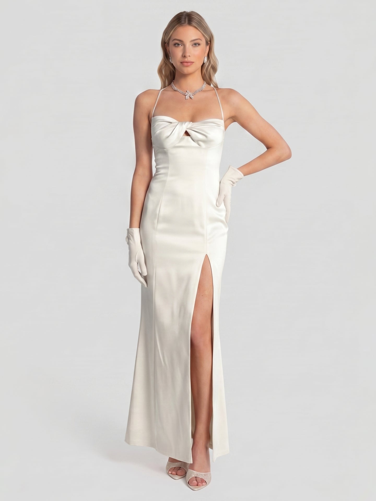 Elegant Ivory Satin column Halter Neck Ankle-Length Bridesmaid Dress