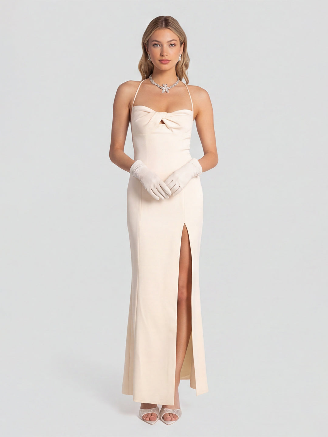 Elegant Ivory Satin column Halter Neck Ankle-Length Bridesmaid Dress
